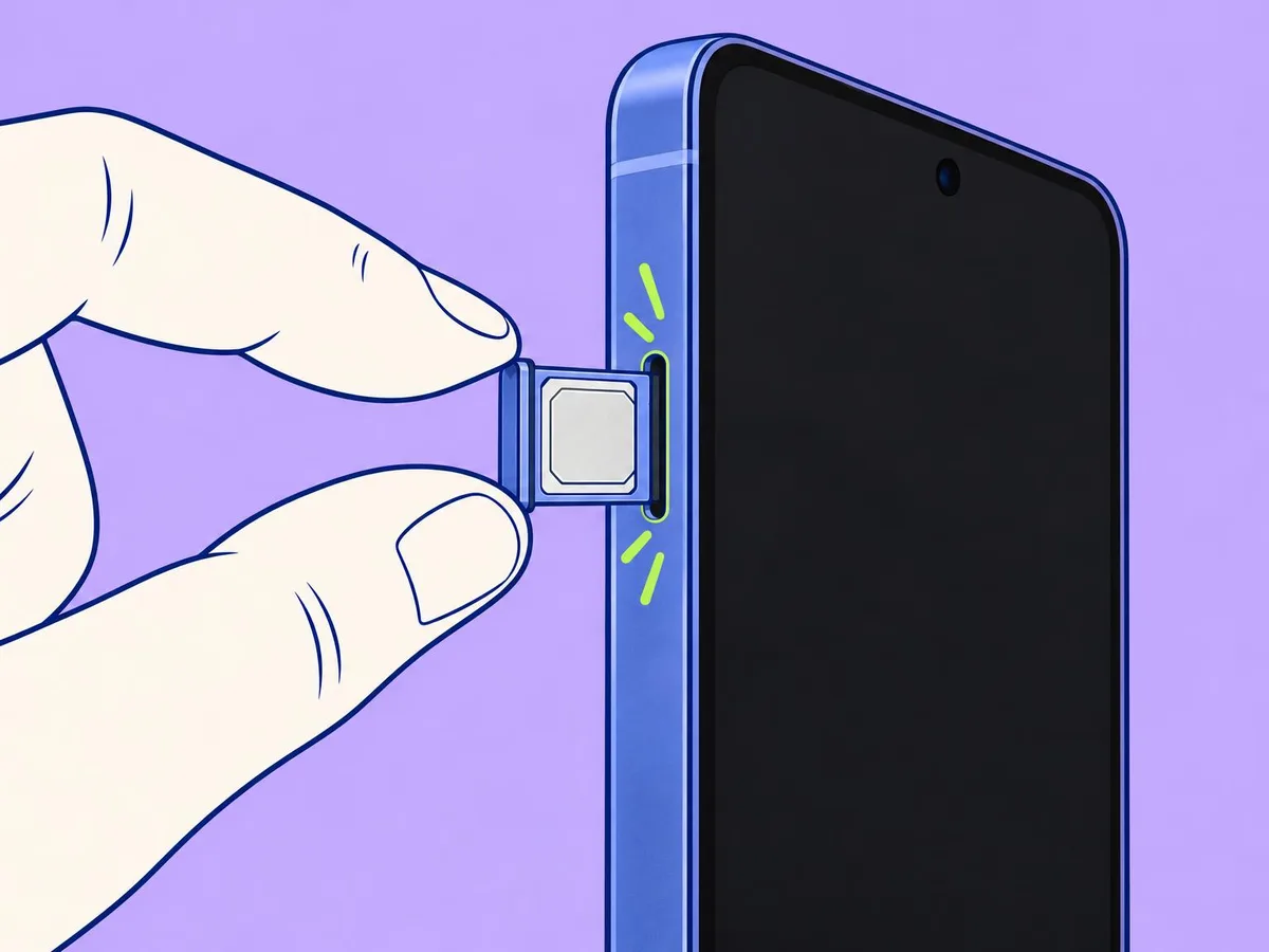 Illustration of fingertips pulling a SIM tray with a nano-SIM in it out of the side of a phone