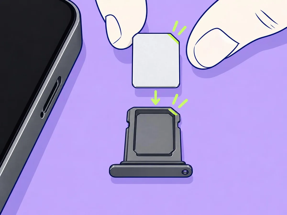 Illustration of fingers placing a nano-SIM into a tray with the cut corner of the card lined up with the cut corner of the tray