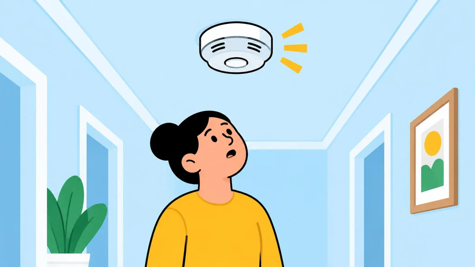 Illustration of a person in a hallway looking up at a chirping smoke alarm on the ceiling