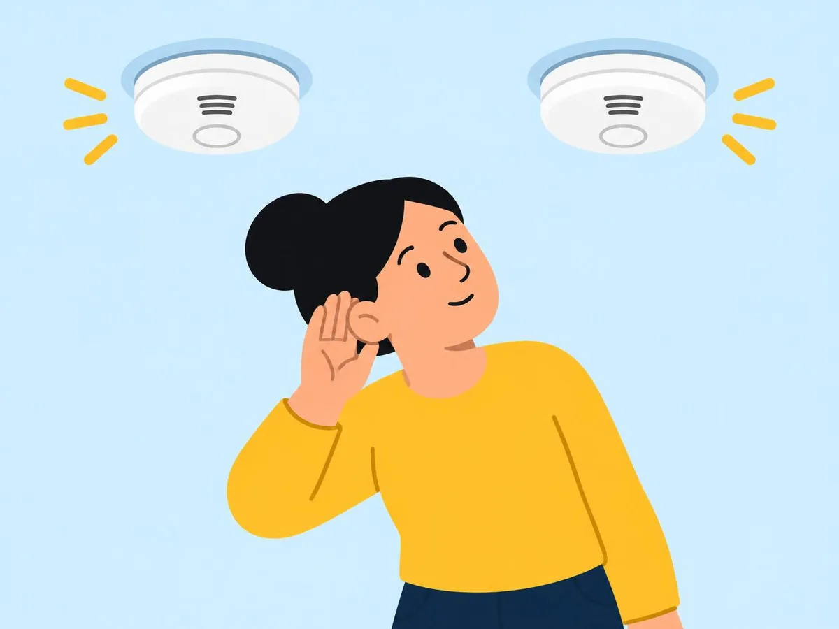 Illustration of a person cupping a hand to their ear between two ceiling smoke alarms