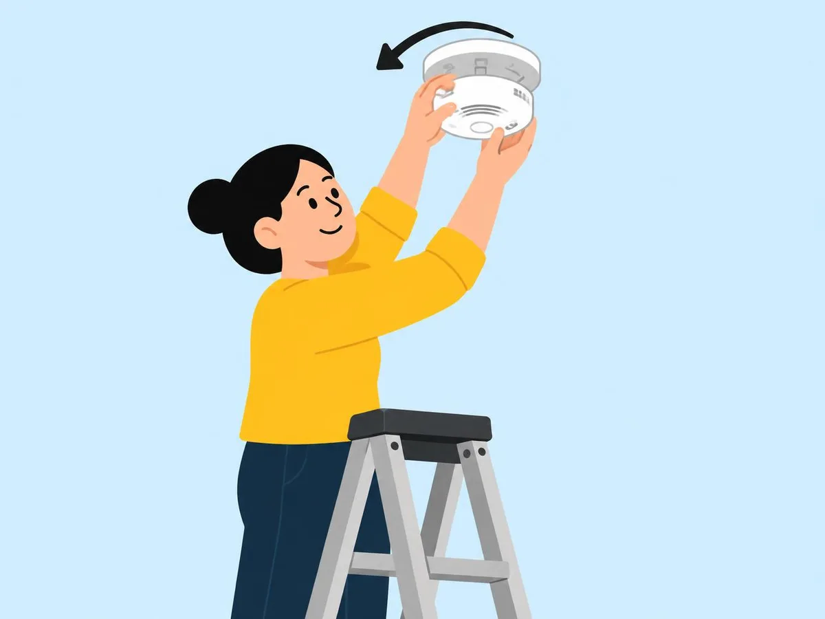 Illustration of a person on a step ladder twisting a smoke alarm off its ceiling base, with an arrow showing the turn