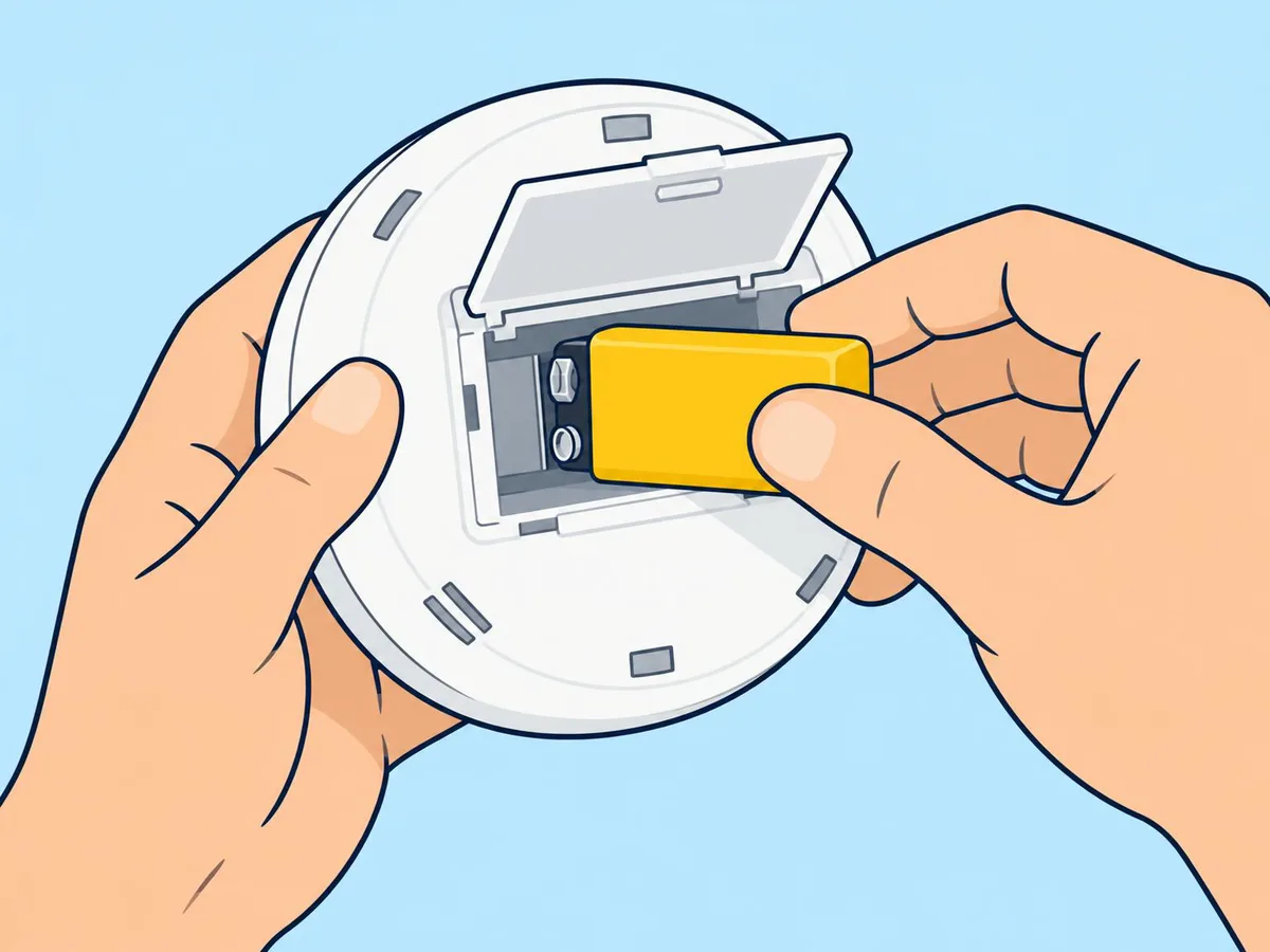 Illustration of hands holding a smoke alarm upside down with the battery door open and a 9-volt battery going in