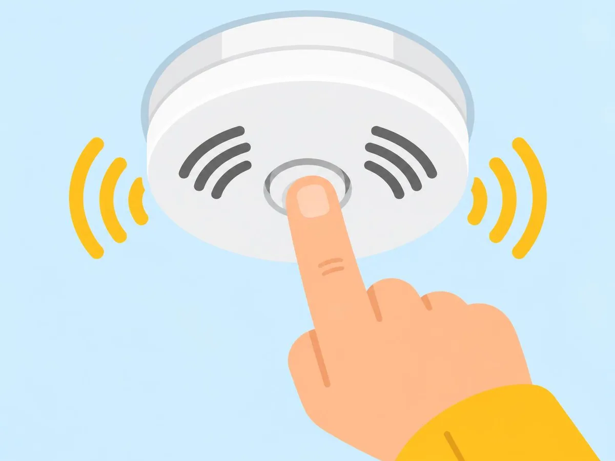 Illustration of a finger pressing the test button in the centre of a ceiling smoke alarm, with sound waves around it