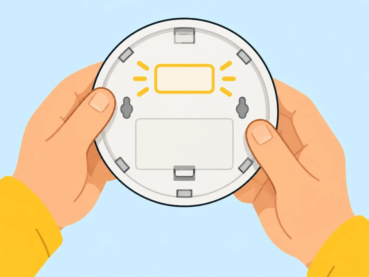 Illustration of hands holding the back of a smoke alarm with a blank label area highlighted
