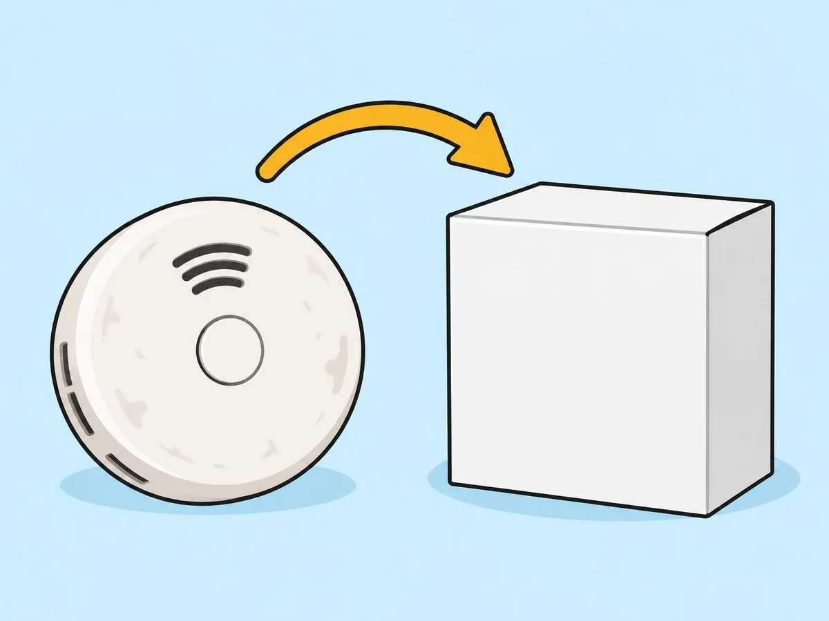Illustration of an old, yellowed smoke alarm with an arrow pointing to a new boxed alarm