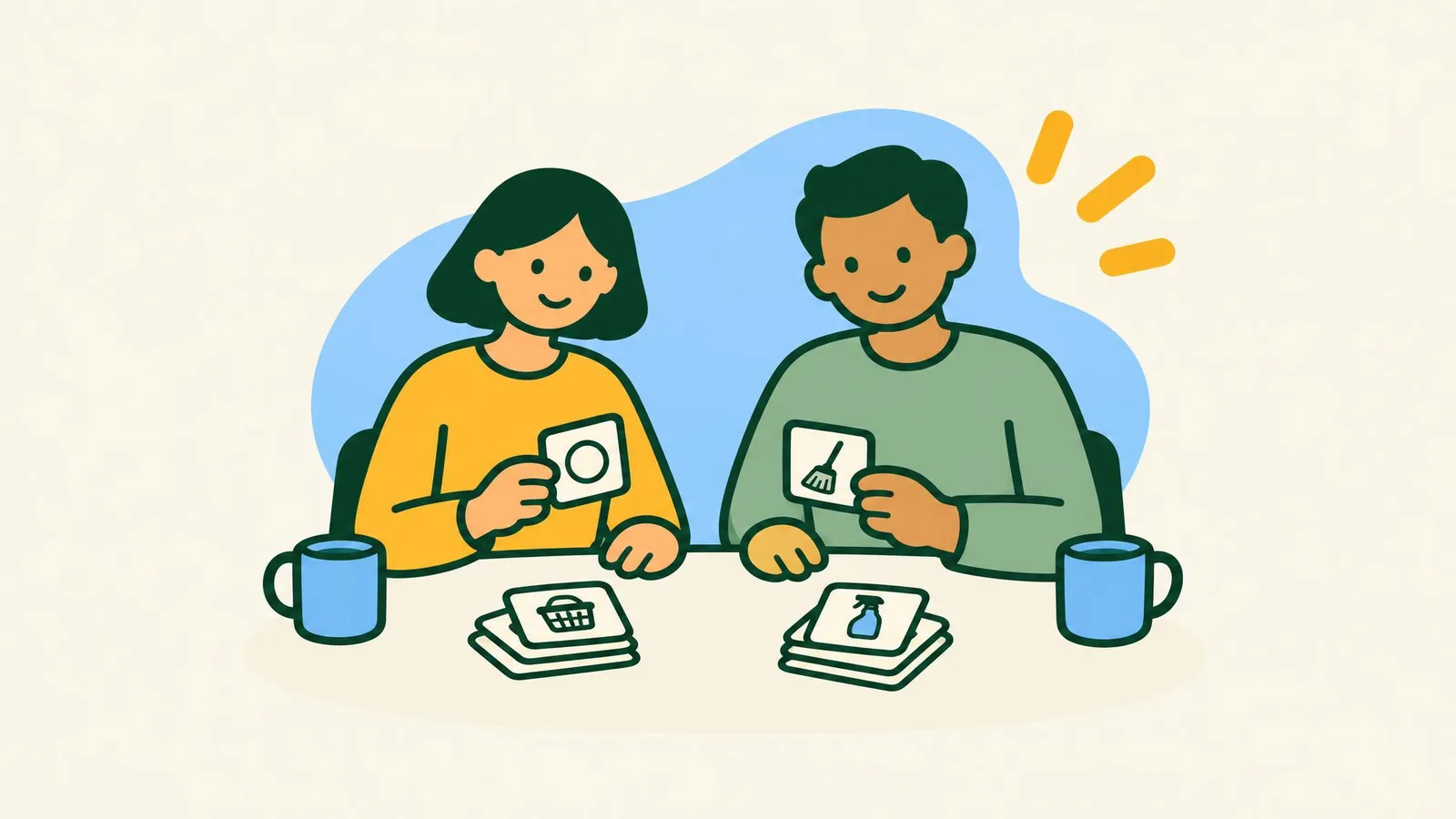 Illustration of a woman and her partner at a kitchen table sorting chore cards into two piles
