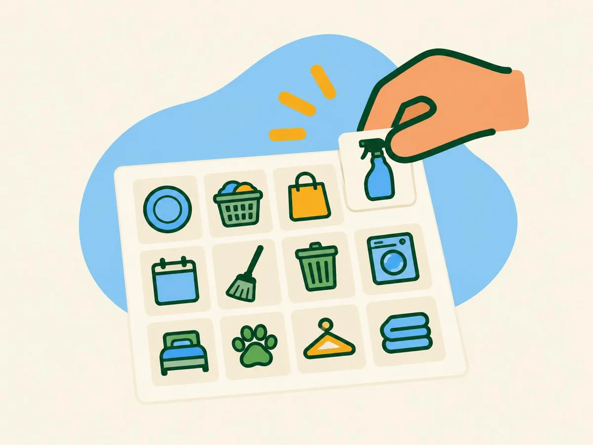Illustration of a sheet of paper covered in a grid of chore cards, with a hand adding one more