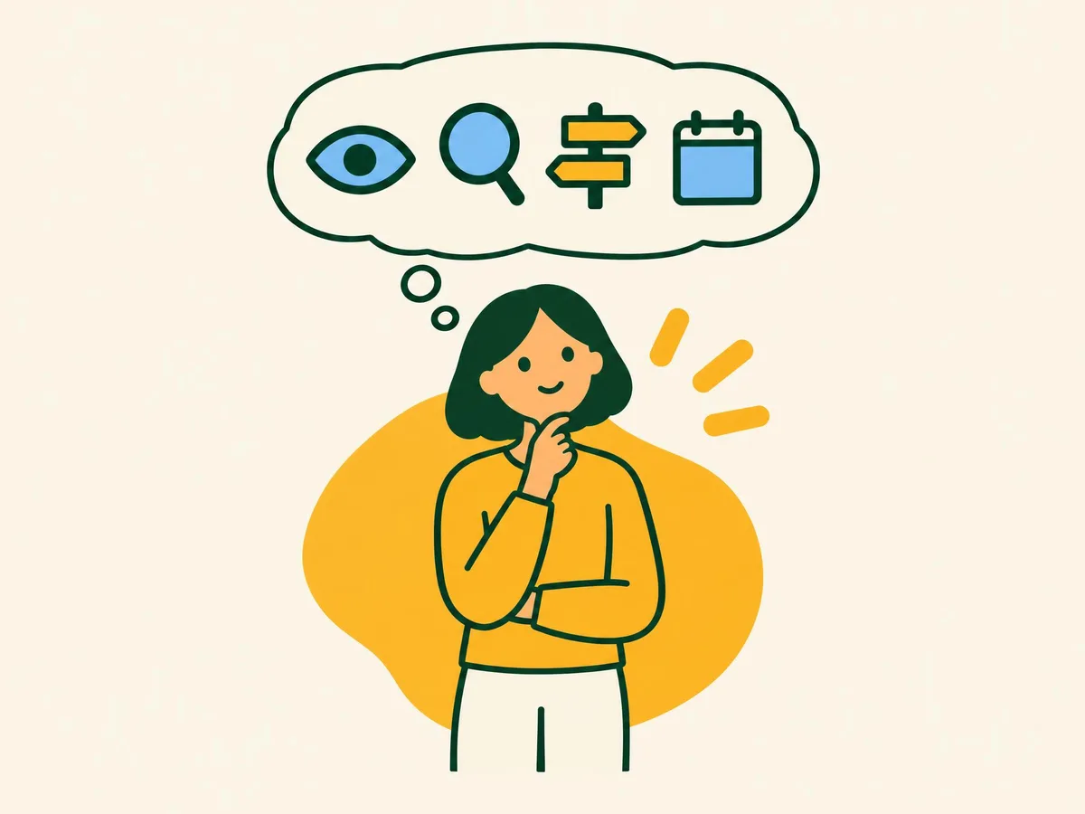 Illustration of a woman with a thought bubble holding four icons: an eye, a magnifying glass, a signpost and a calendar page