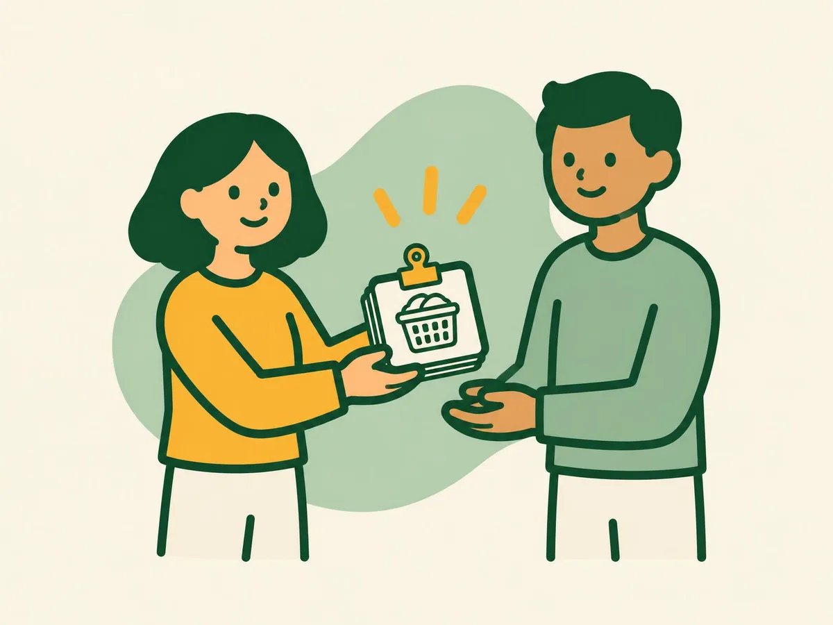 Illustration of a woman handing her partner a clipped stack of chore cards with a laundry basket on top