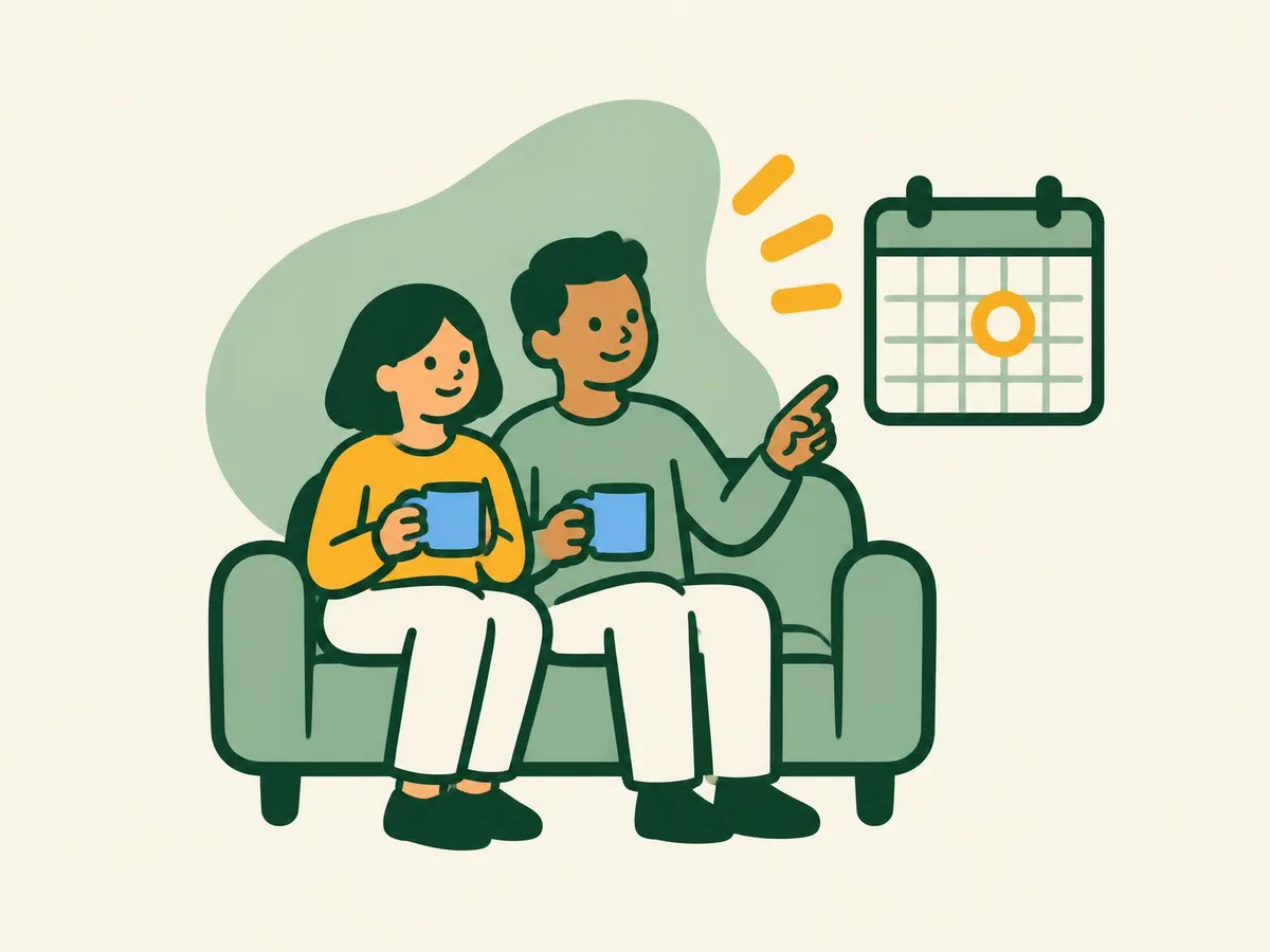 Illustration of a couple on a sofa with mugs looking at a wall calendar with one day circled