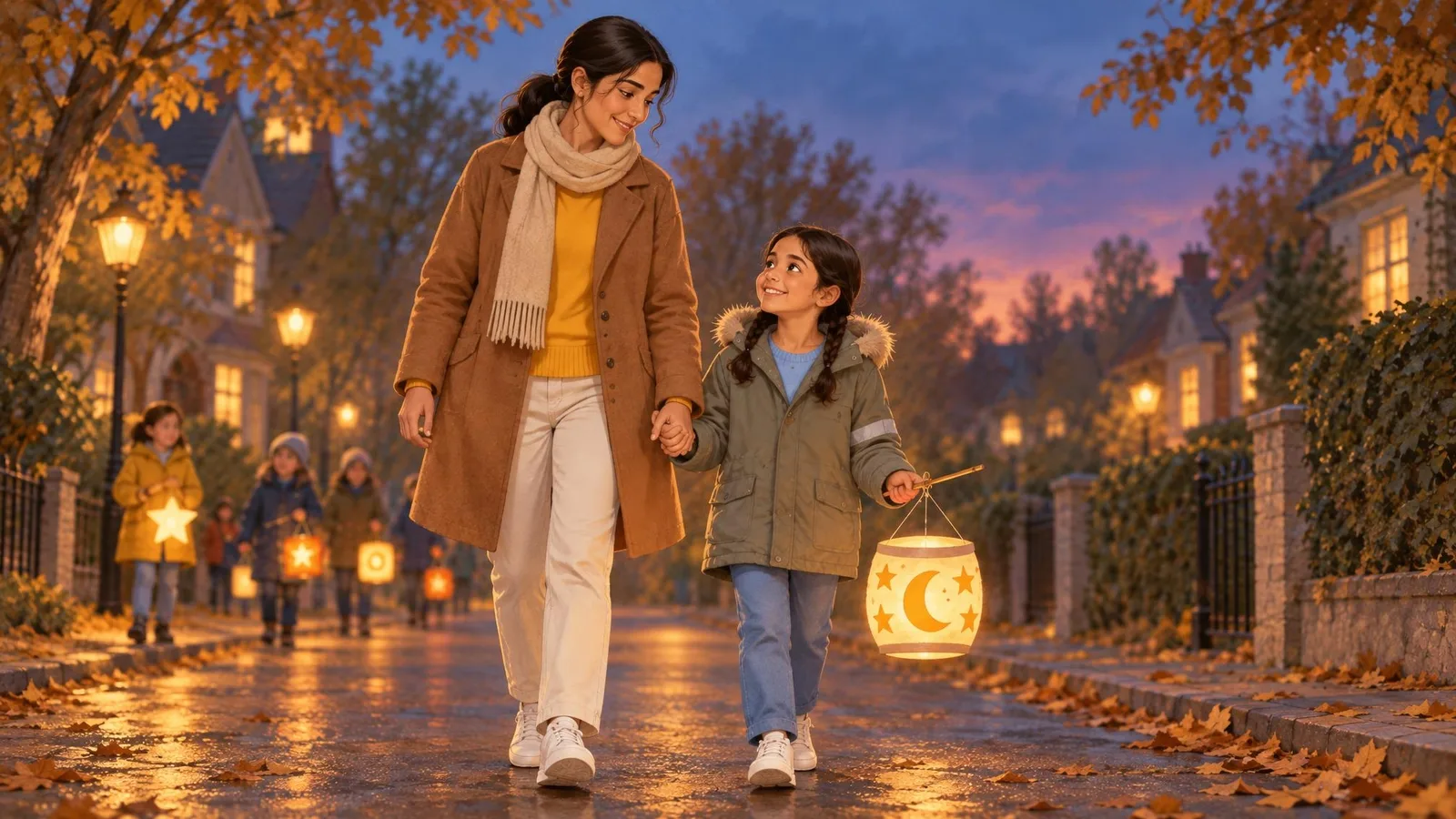 Illustration of a girl walking along a street at dusk beside her mum, holding a glowing round paper lantern on a battery lantern stick