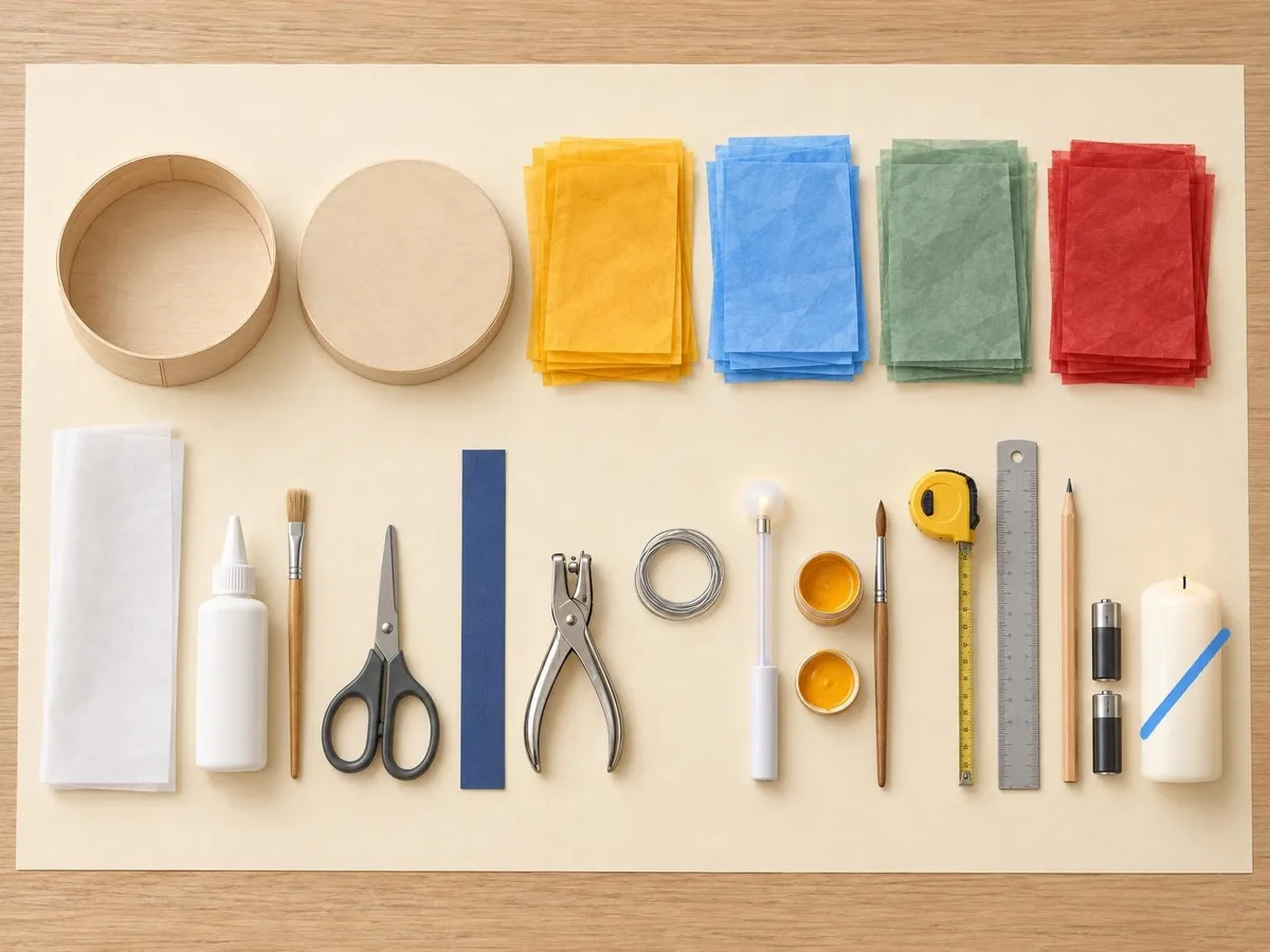 Illustration of the kit laid out on a table: a round cheese box and lid, tissue paper, tracing paper, glue and brush, round-tip scissors, a card strip, a hole punch, wire, a lantern stick, paint, a tape measure, a ruler, a pencil and spare batteries, with a candle crossed out