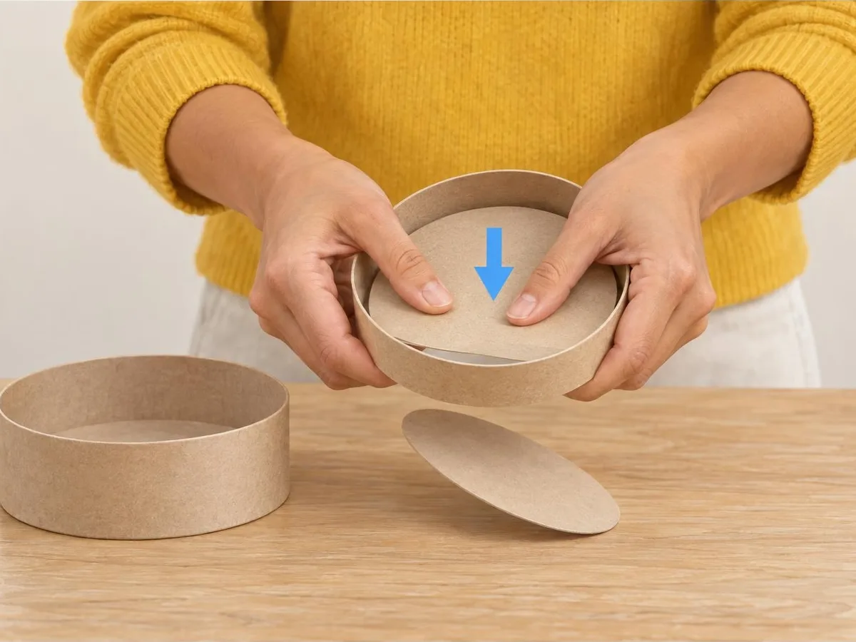 Illustration of an adult's hands pressing the centre disc out of a cheese box lid, leaving the round rim