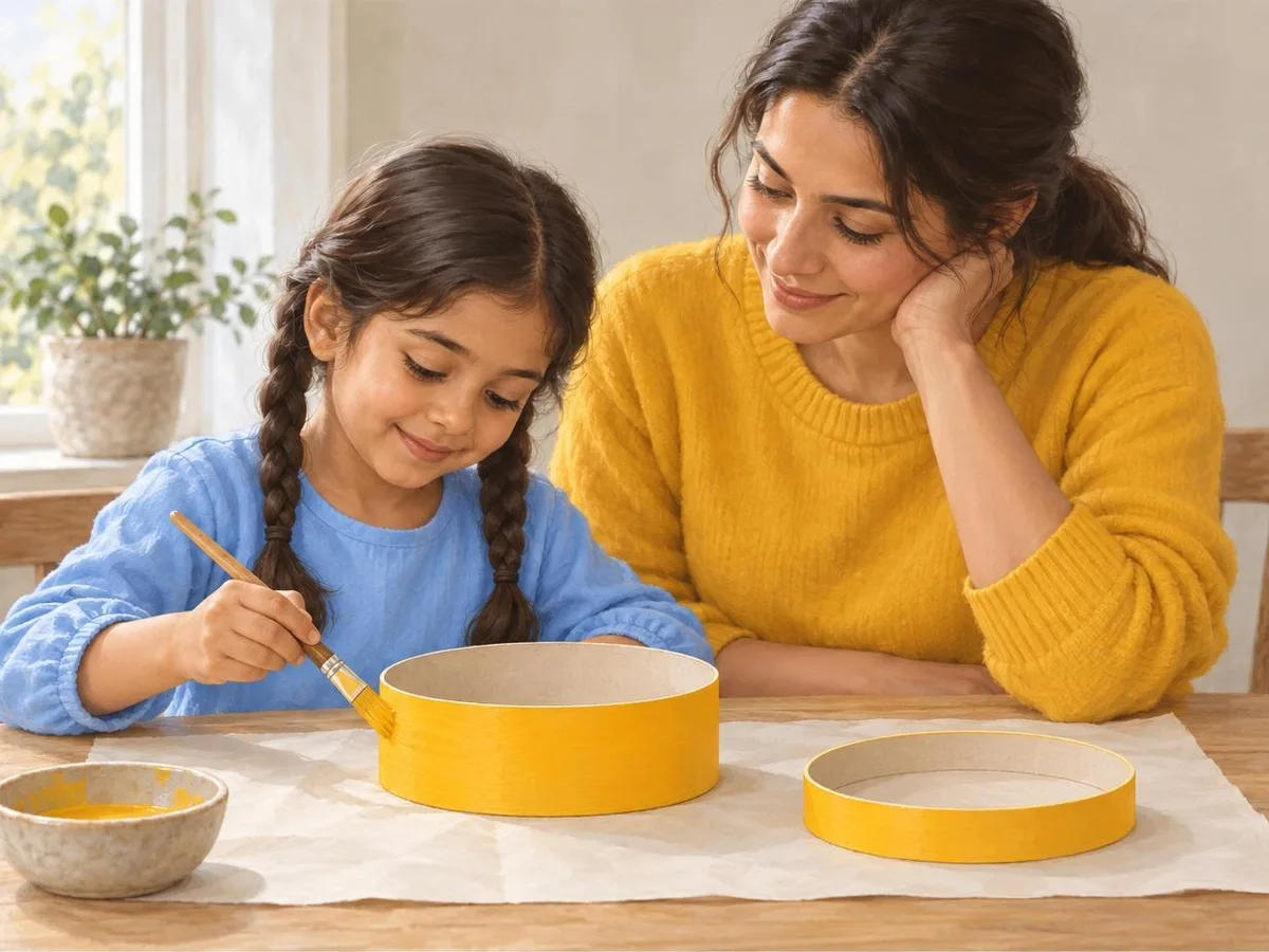 Illustration of a girl painting the outside of the box base and the lid rim yellow while her mum watches