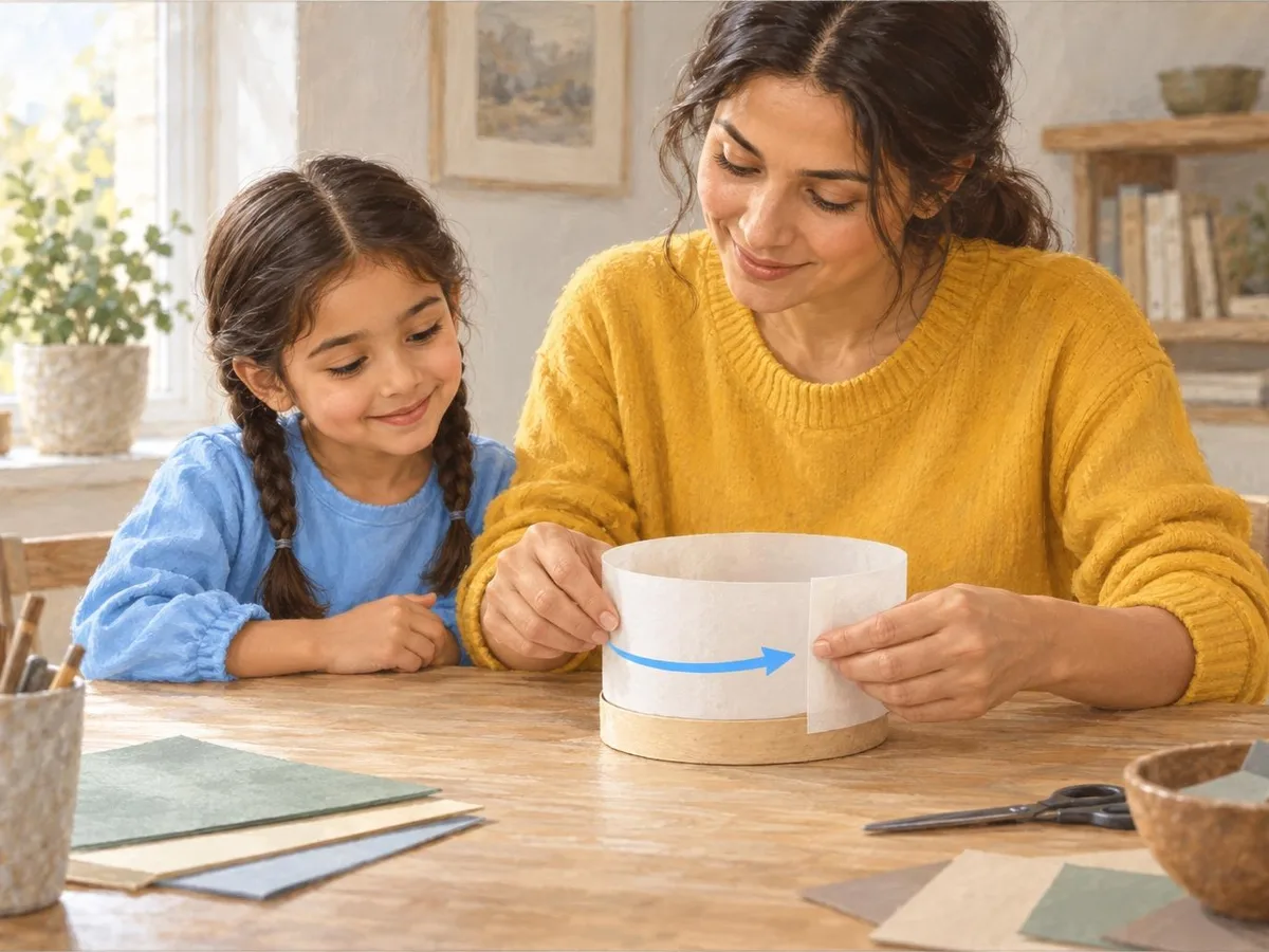 Illustration of an adult wrapping a sheet of tracing paper round the box base and holding the overlap with a thumb