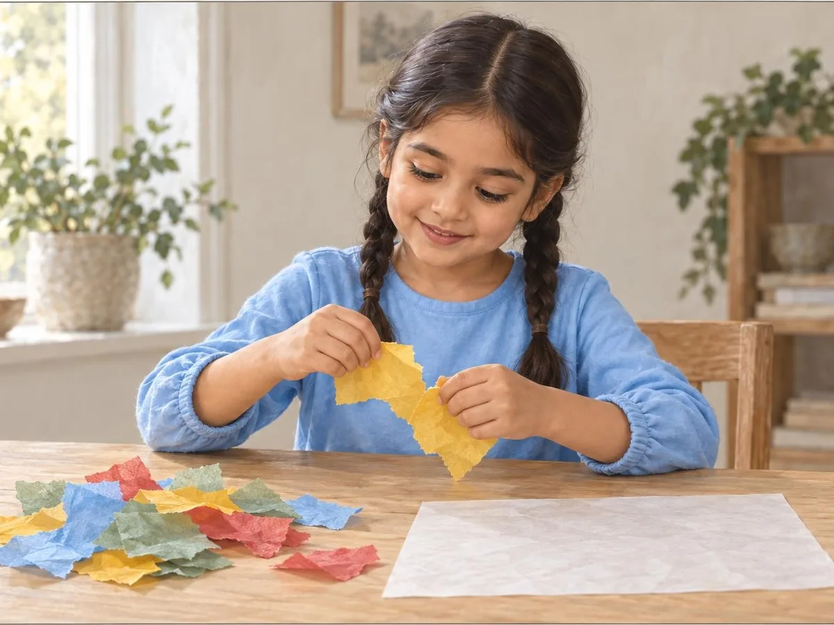 Illustration of a girl tearing coloured tissue paper into pieces beside a sheet of tracing paper