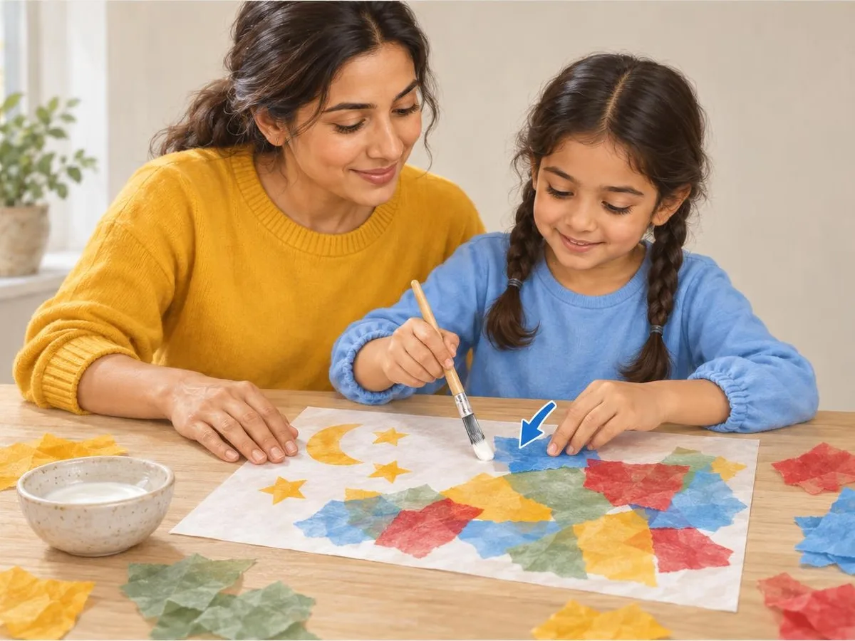 Illustration of a girl brushing glue on tracing paper and pressing tissue pieces onto it, with a yellow moon and stars, while her mum steadies the sheet