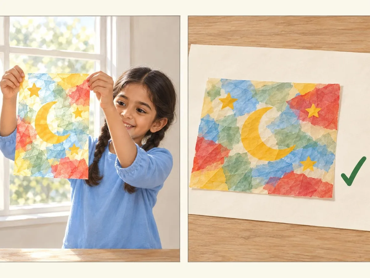 Illustration in two panels: the decorated sheet held up to a window glowing with colour, and the sheet lying flat to dry with a green tick