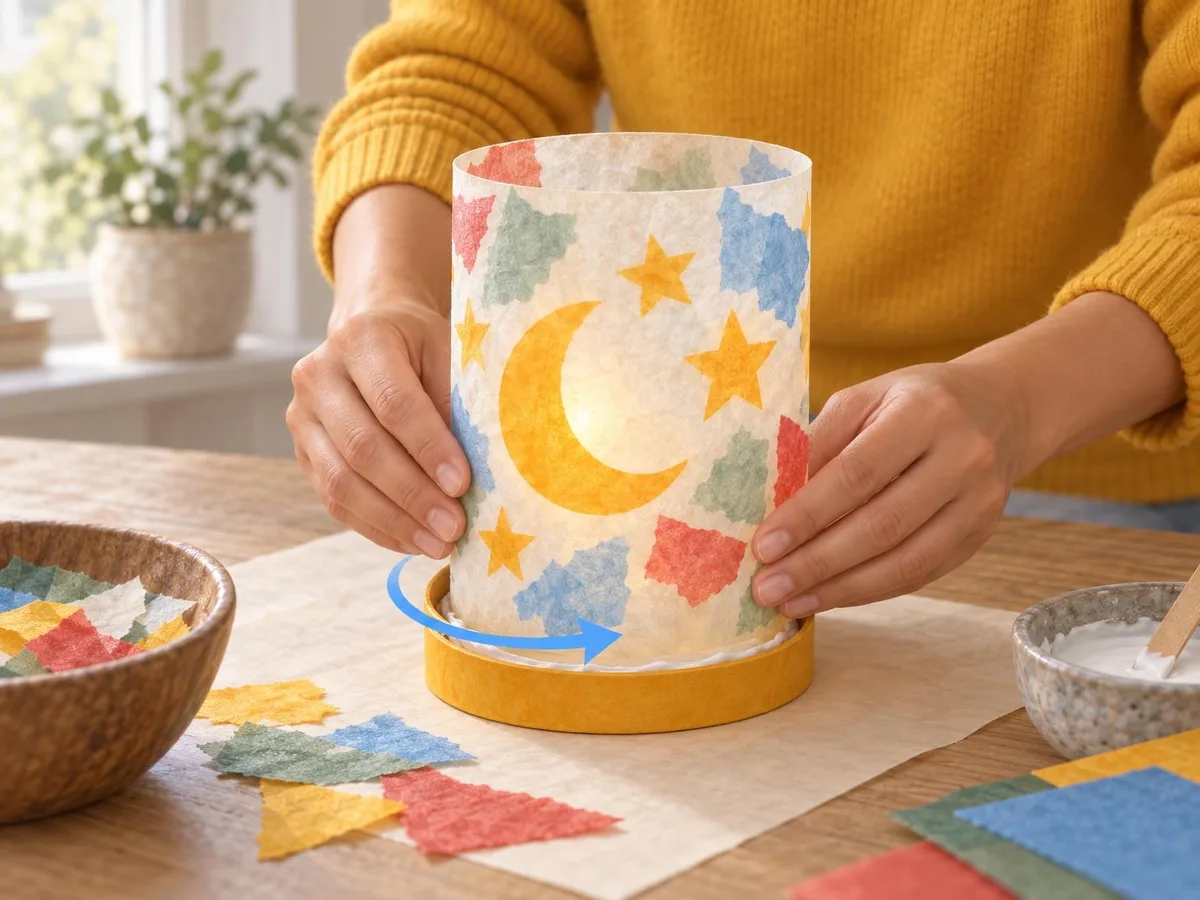 Illustration of an adult pressing the rolled decorated sheet against the glued inside wall of the painted box base, with an arrow going round