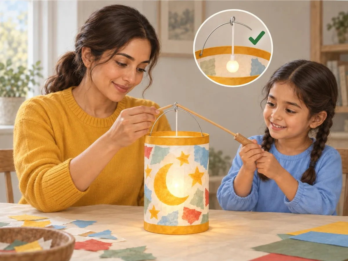 Illustration of an adult hooking a battery lantern stick onto the middle of the wire handle so the LED bulb hangs in the centre of the lantern