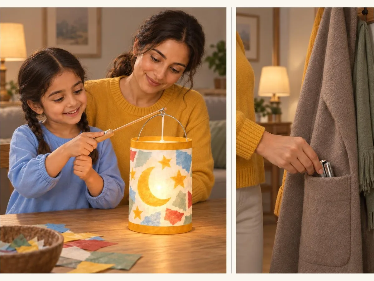 Illustration in two panels: a girl switching on the lantern indoors so it glows, and spare batteries going into a coat pocket