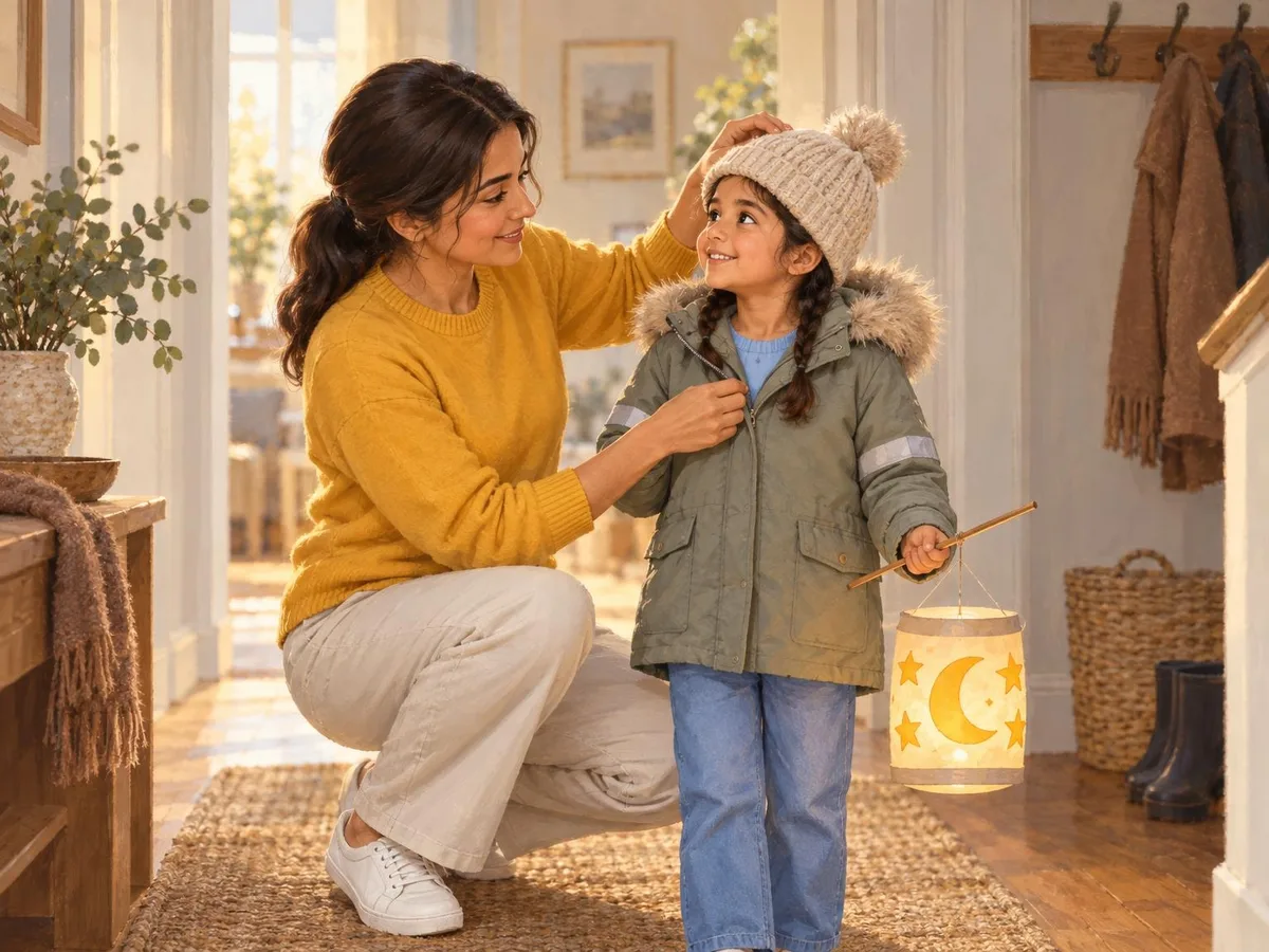 Illustration of a mum zipping her daughter into a warm coat with reflective strips while the finished lantern glows nearby