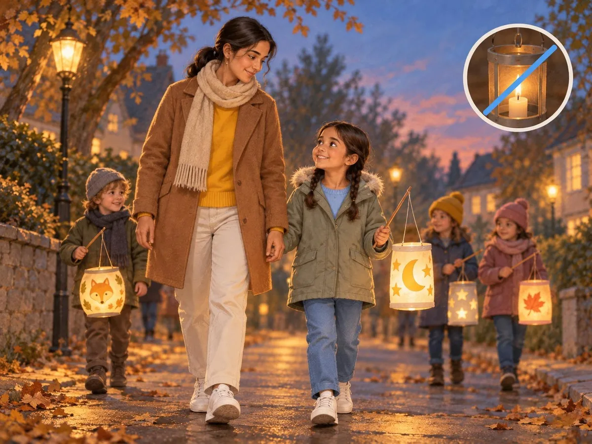 Illustration of children walking along a pavement at dusk holding glowing lanterns on sticks, with an inset of a lantern with a real candle crossed out