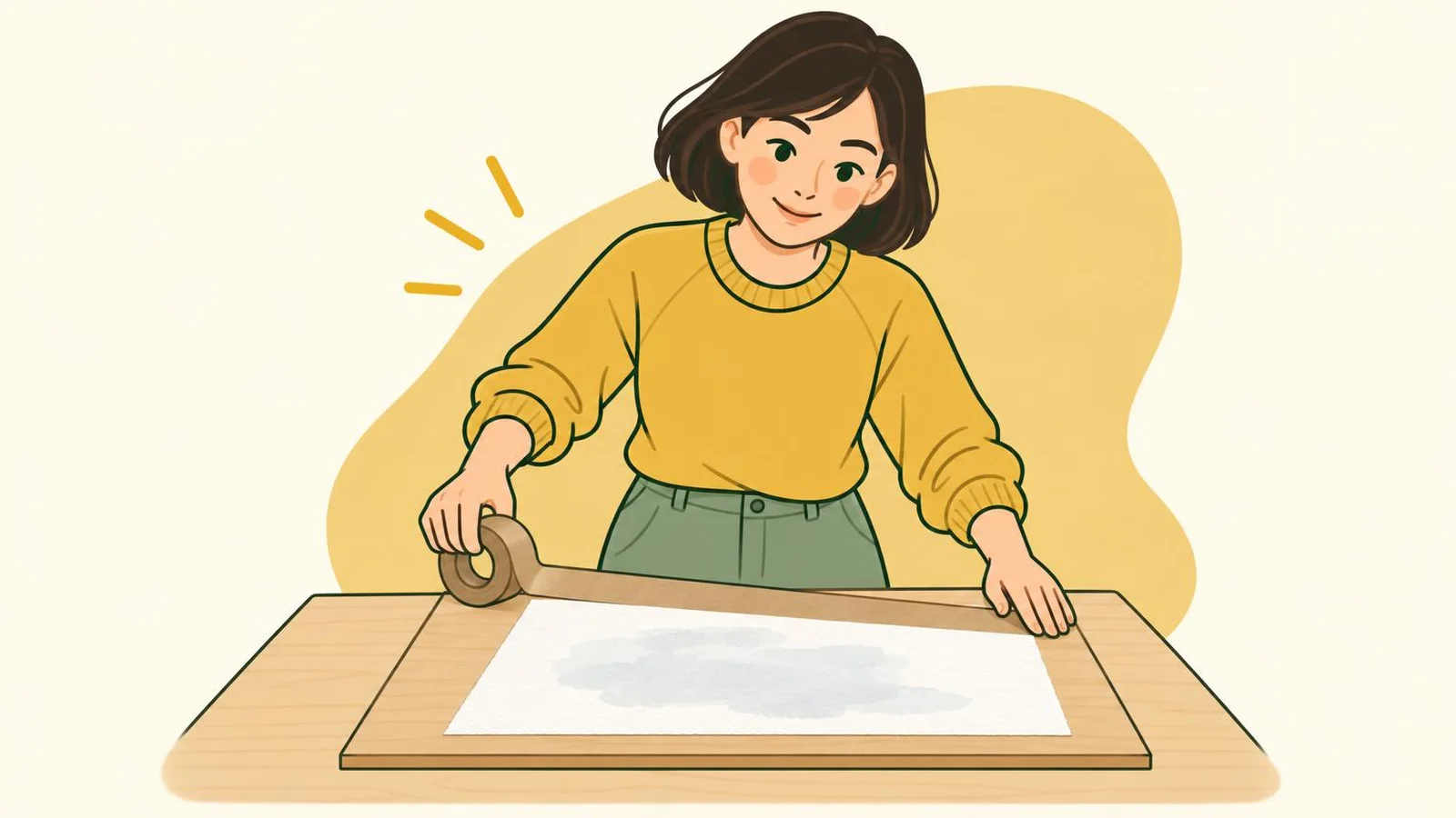 Illustration of a woman pressing a strip of brown tape along the edge of a wet sheet of paper on a wooden board