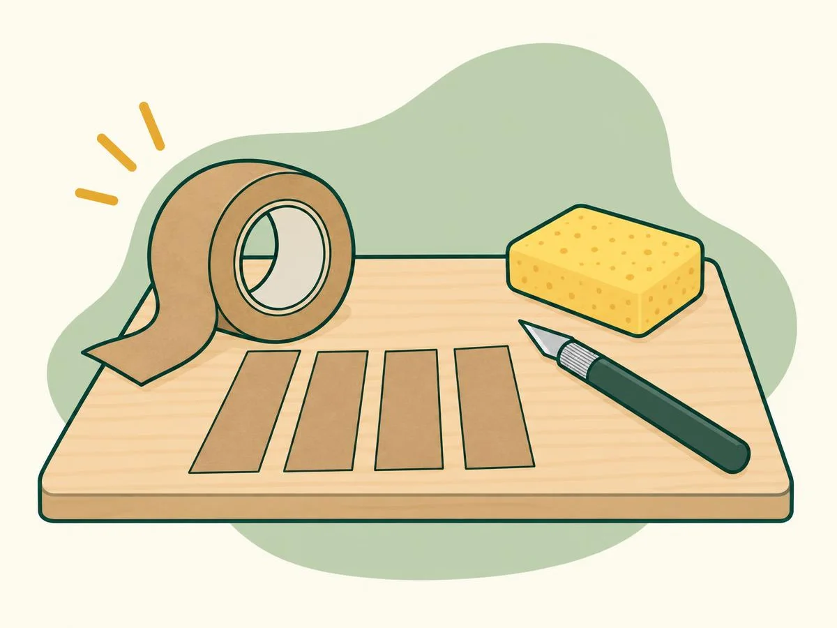 Illustration of a wooden board, a roll of brown paper tape, four cut strips, a sponge and a craft knife laid out on a table