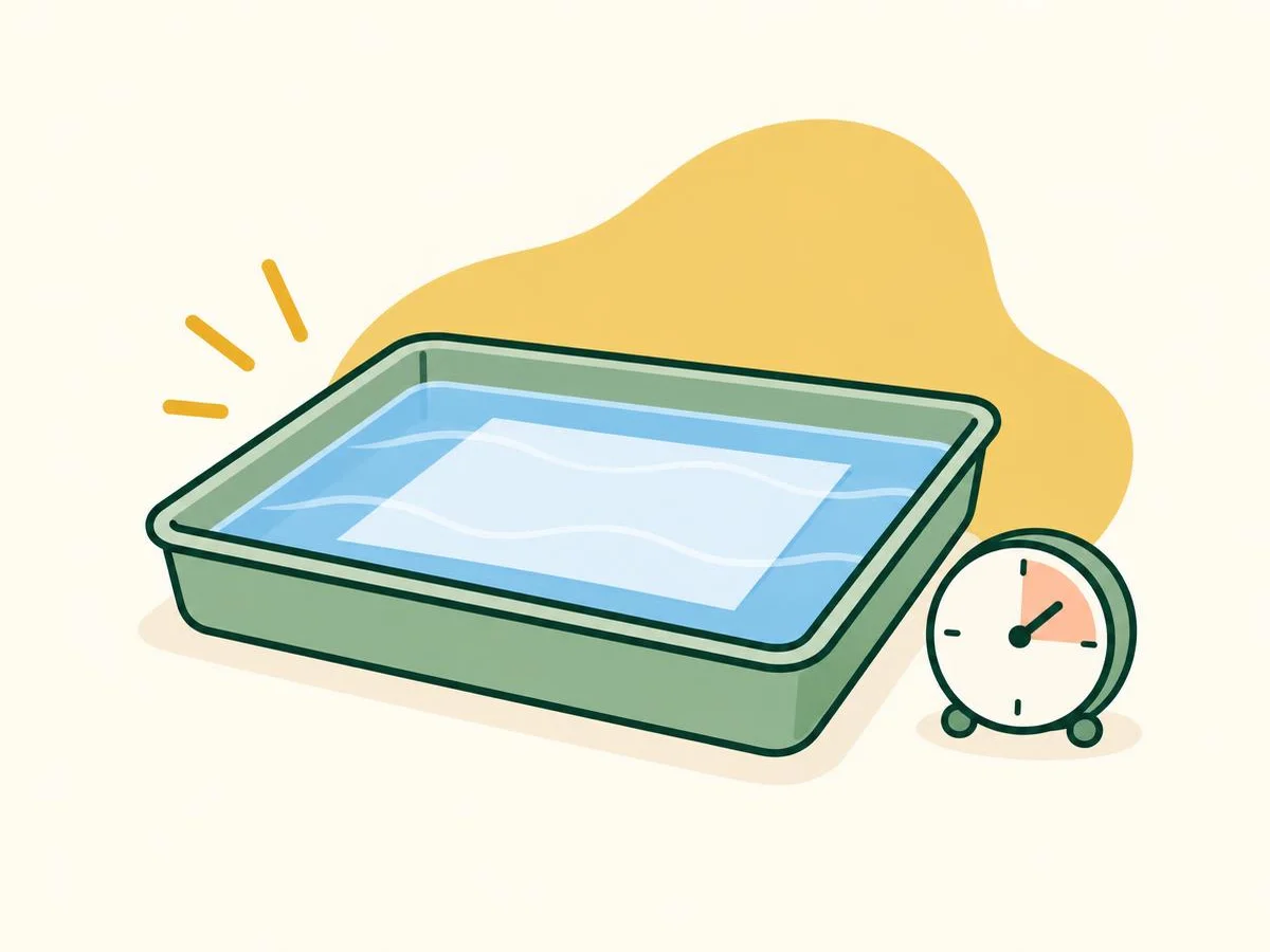 Illustration of a sheet of paper lying under clean water in a shallow tray, with a small clock beside it