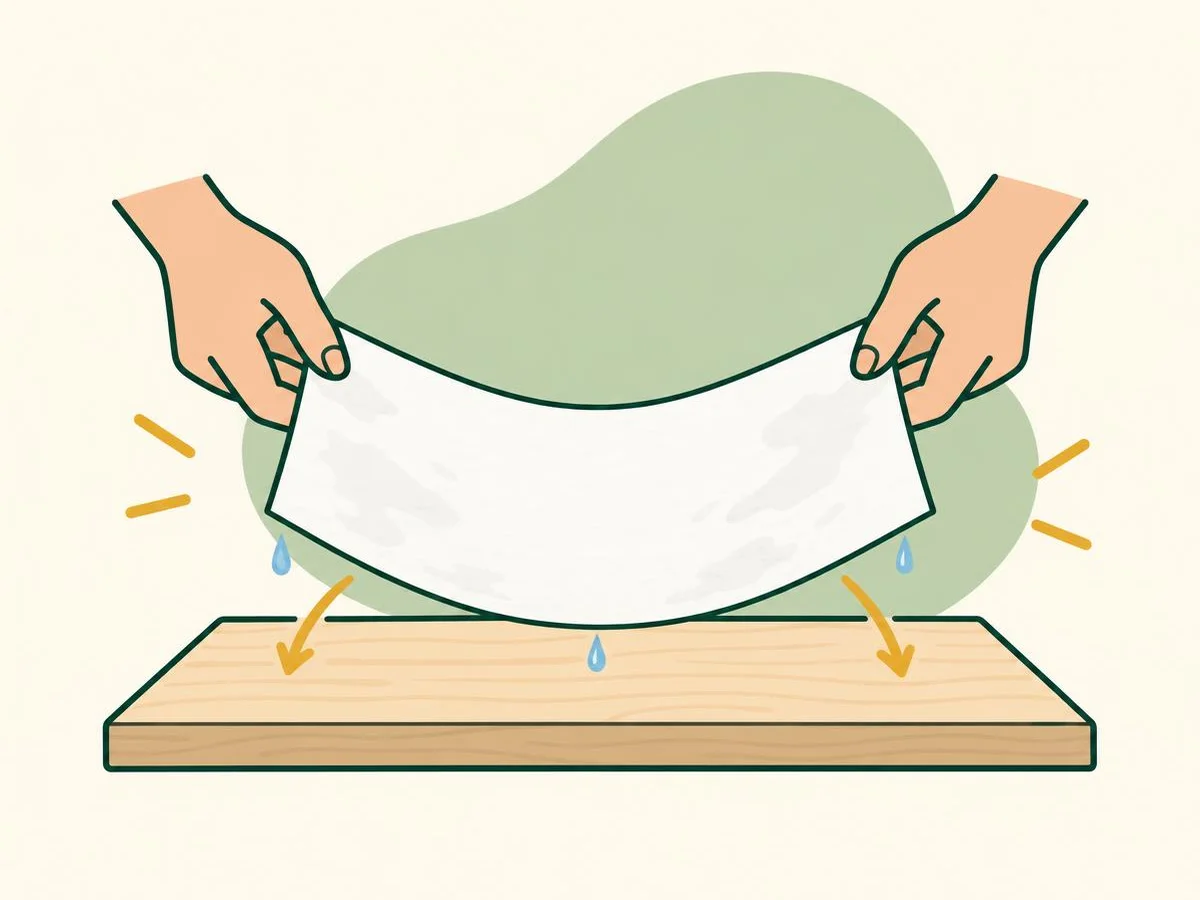 Illustration of two hands lowering a wet, slightly bowed sheet of paper onto a board from the middle outwards