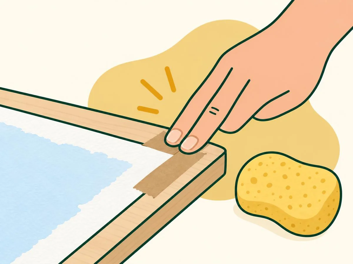 Illustration of a hand smoothing a strip of brown tape that lies half on the paper edge and half on the board
