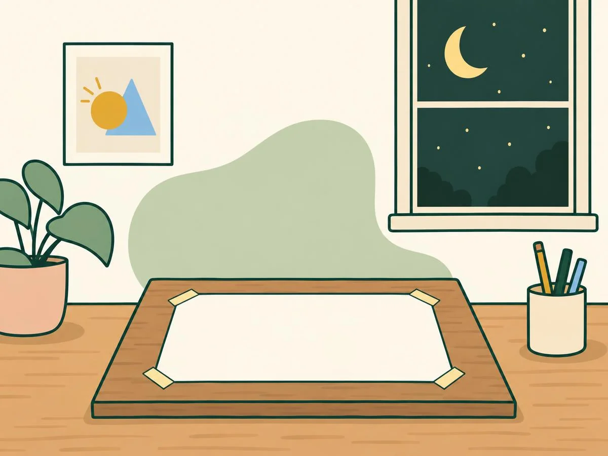 Illustration of the taped board lying flat on a table at night, a moon in the window