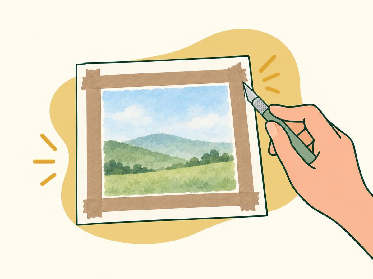 Illustration of a hand running a craft knife along the inner edge of the tape around a finished painting