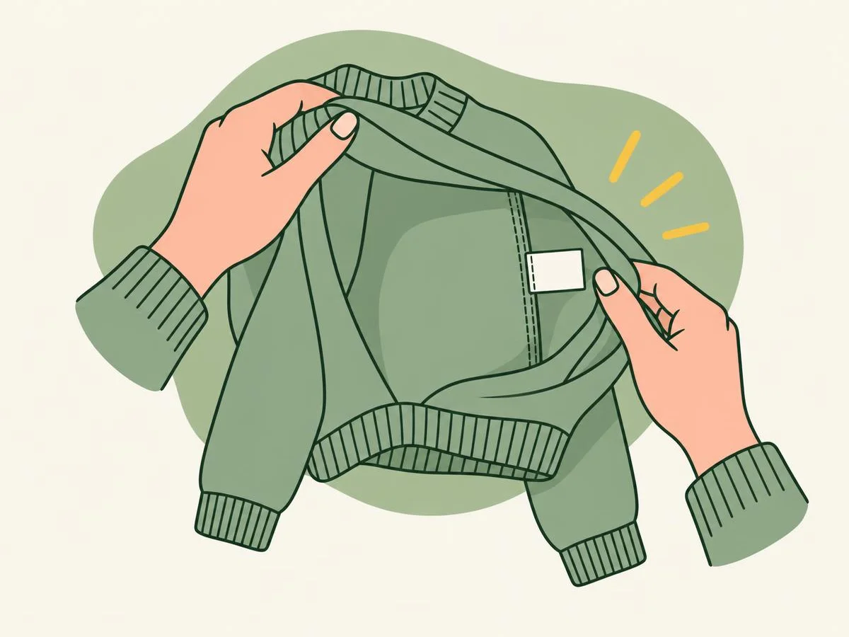 Illustration of hands turning a jumper inside out, the sewn-in label visible at the side seam