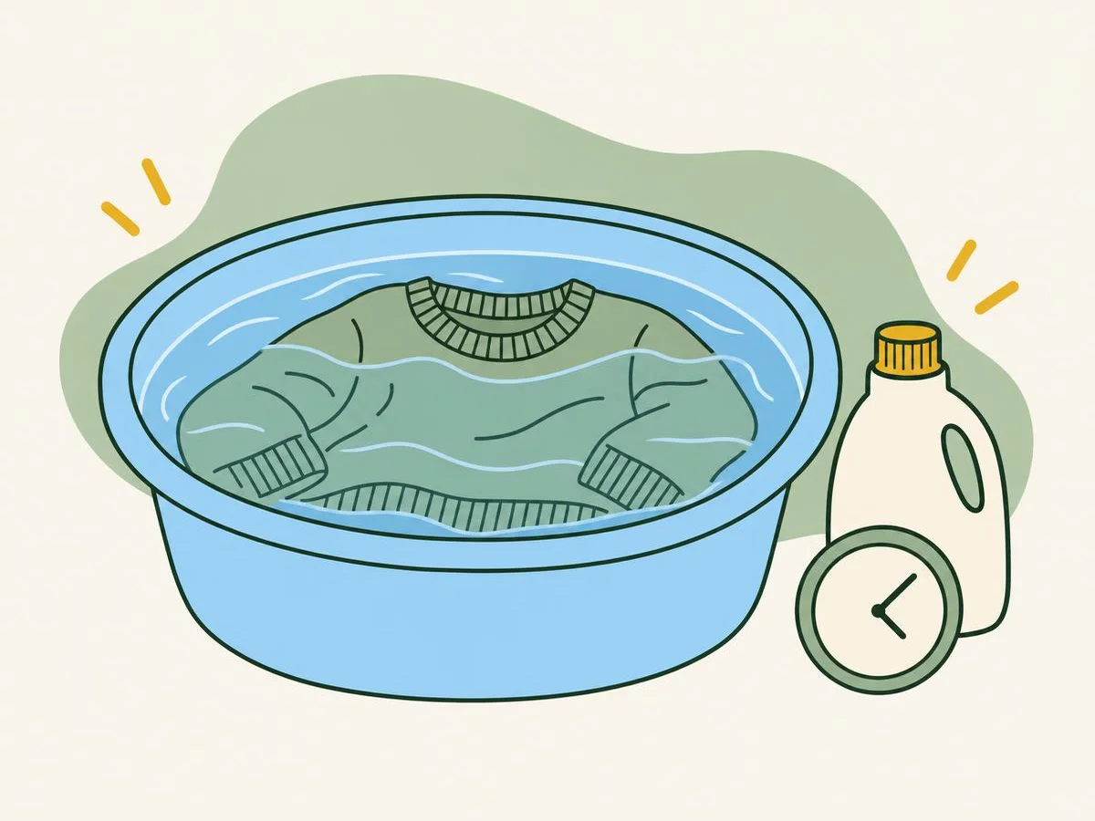 Illustration of a jumper soaking under water in a basin, a small bottle of mild detergent and a small clock beside it