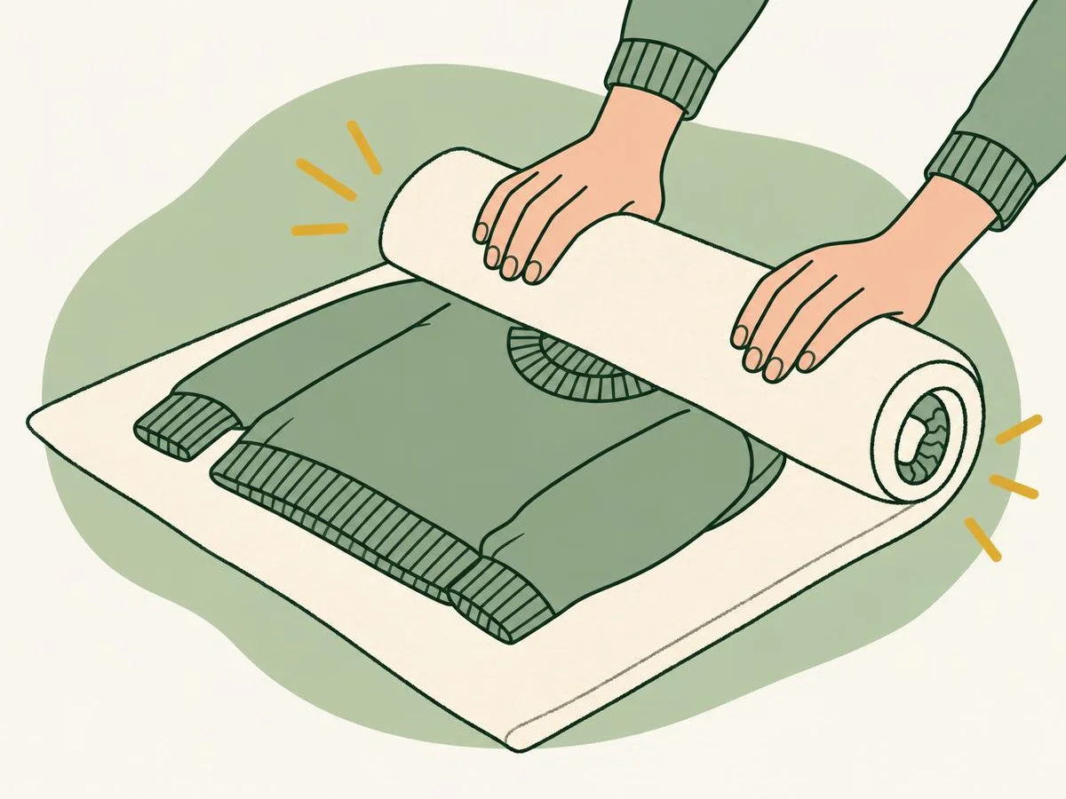 Illustration of a jumper laid flat on a towel and being rolled up inside it like a swiss roll