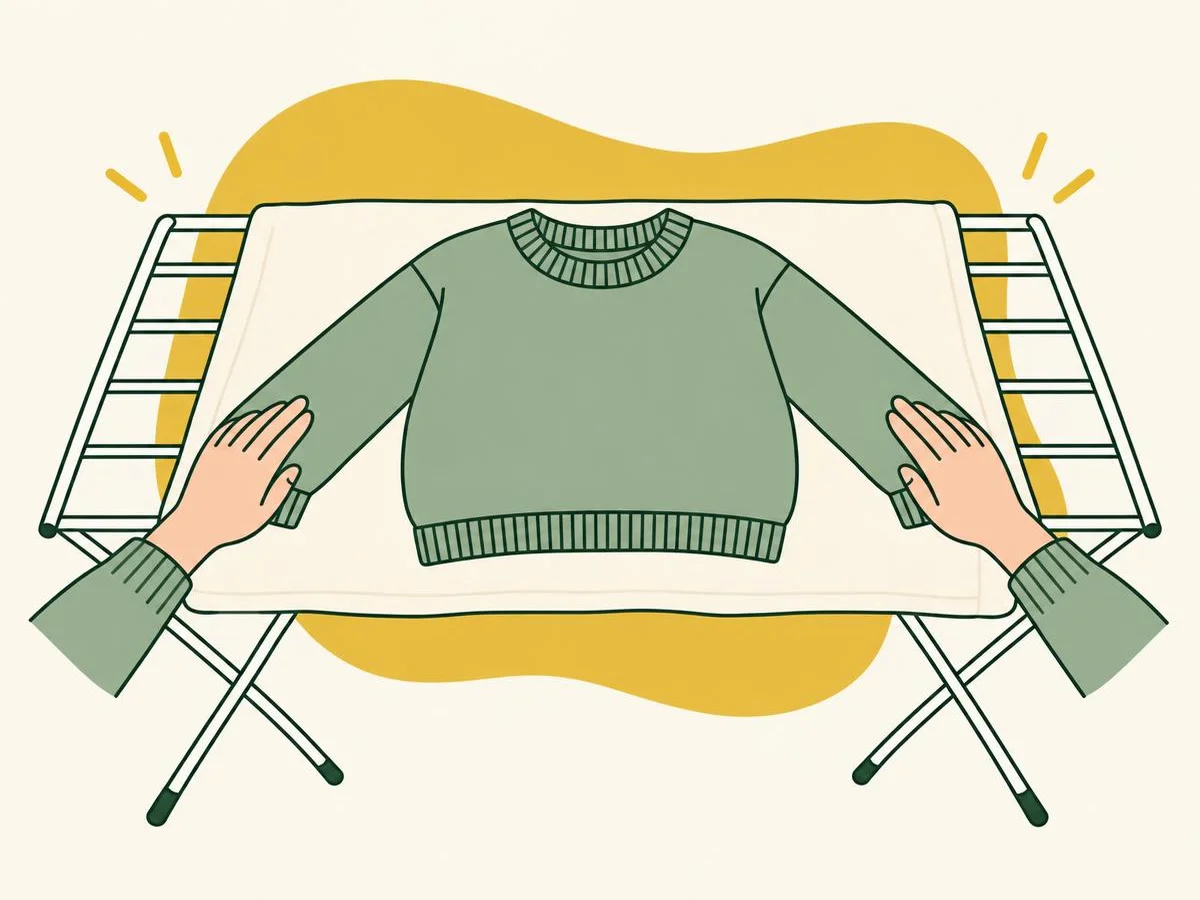 Illustration of hands smoothing a damp jumper into shape as it lies flat on a pale towel on a drying rack