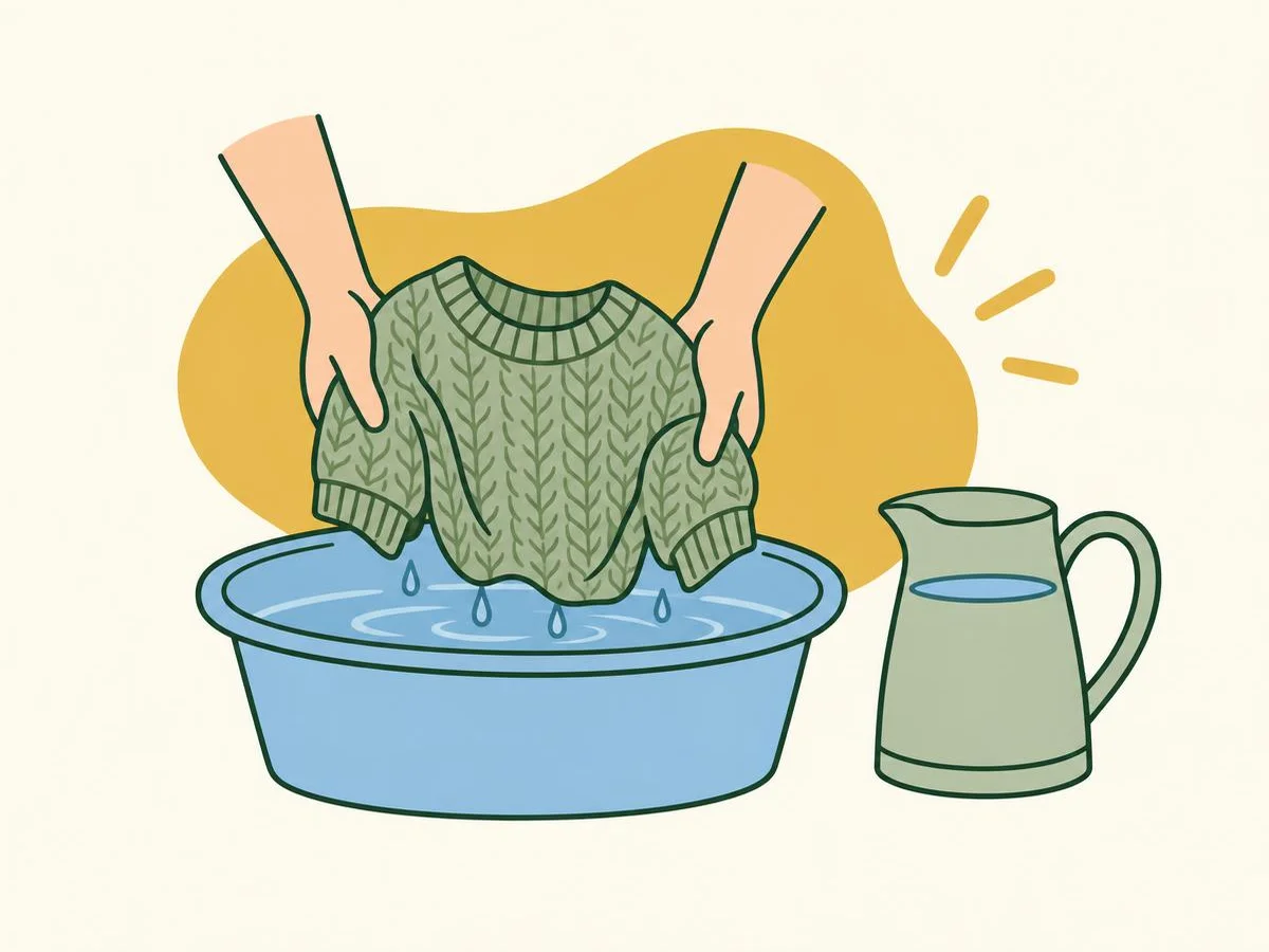 Illustration of hands lifting a soaked knitted jumper out of a basin of clear water, a jug of fresh water beside the basin