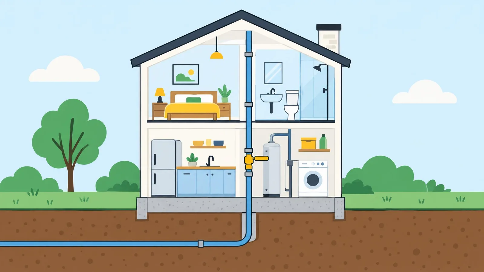 Illustration of a cutaway house with the water pipe coming in from the ground and the main valve on it marked in yellow