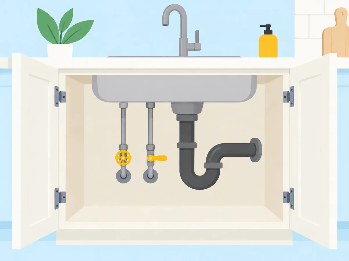 Illustration of an open kitchen sink cupboard with a round valve handle on one supply pipe