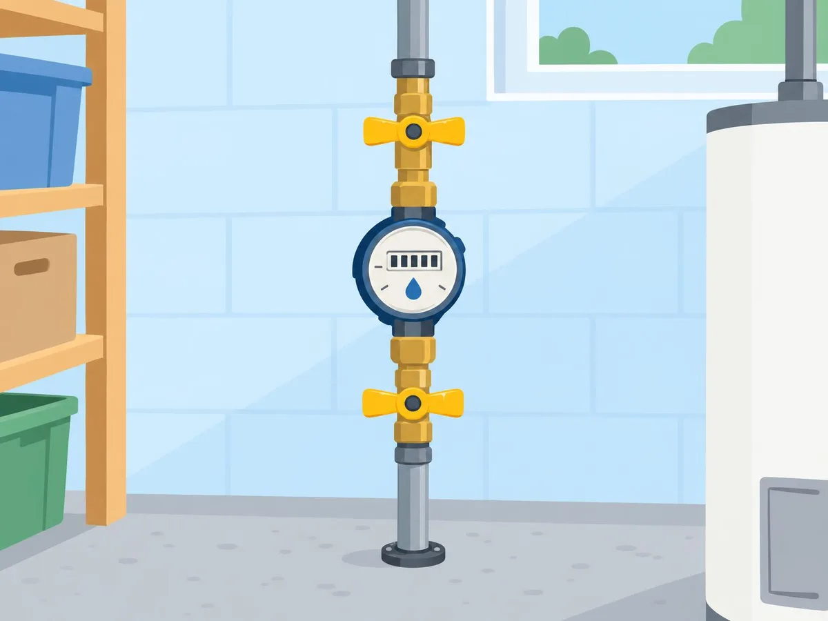 Illustration of a basement wall with a water pipe rising from the floor, a water meter on it and a valve just above and below the meter