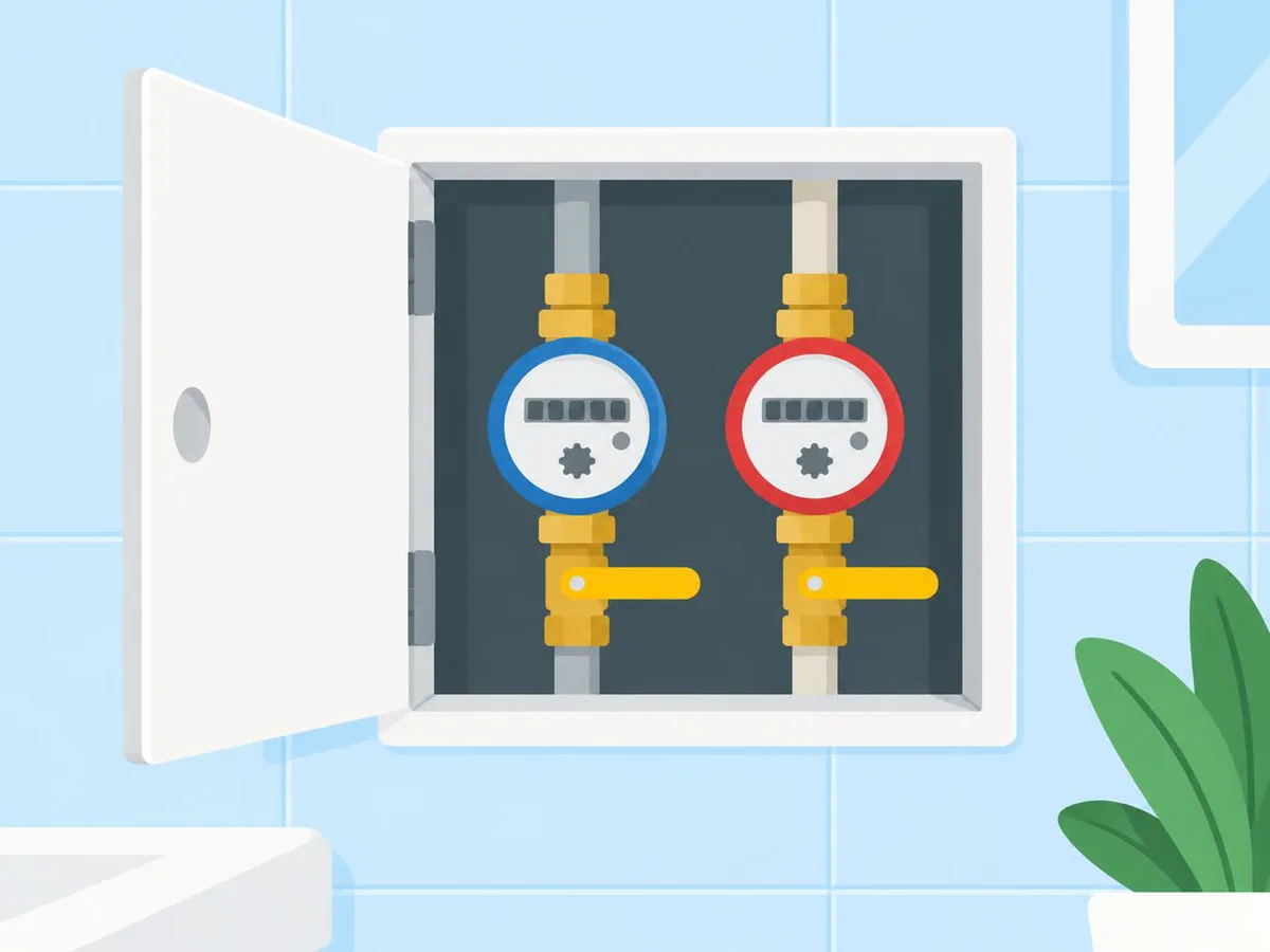 Illustration of an open wall panel in a bathroom with two water meters, blue for cold and red for hot, each with a lever valve