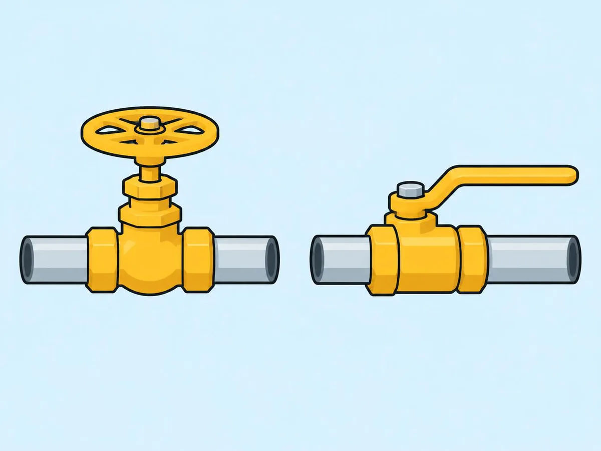 Illustration of two valves side by side: a round wheel handle on the left and a flat lever lying along the pipe on the right