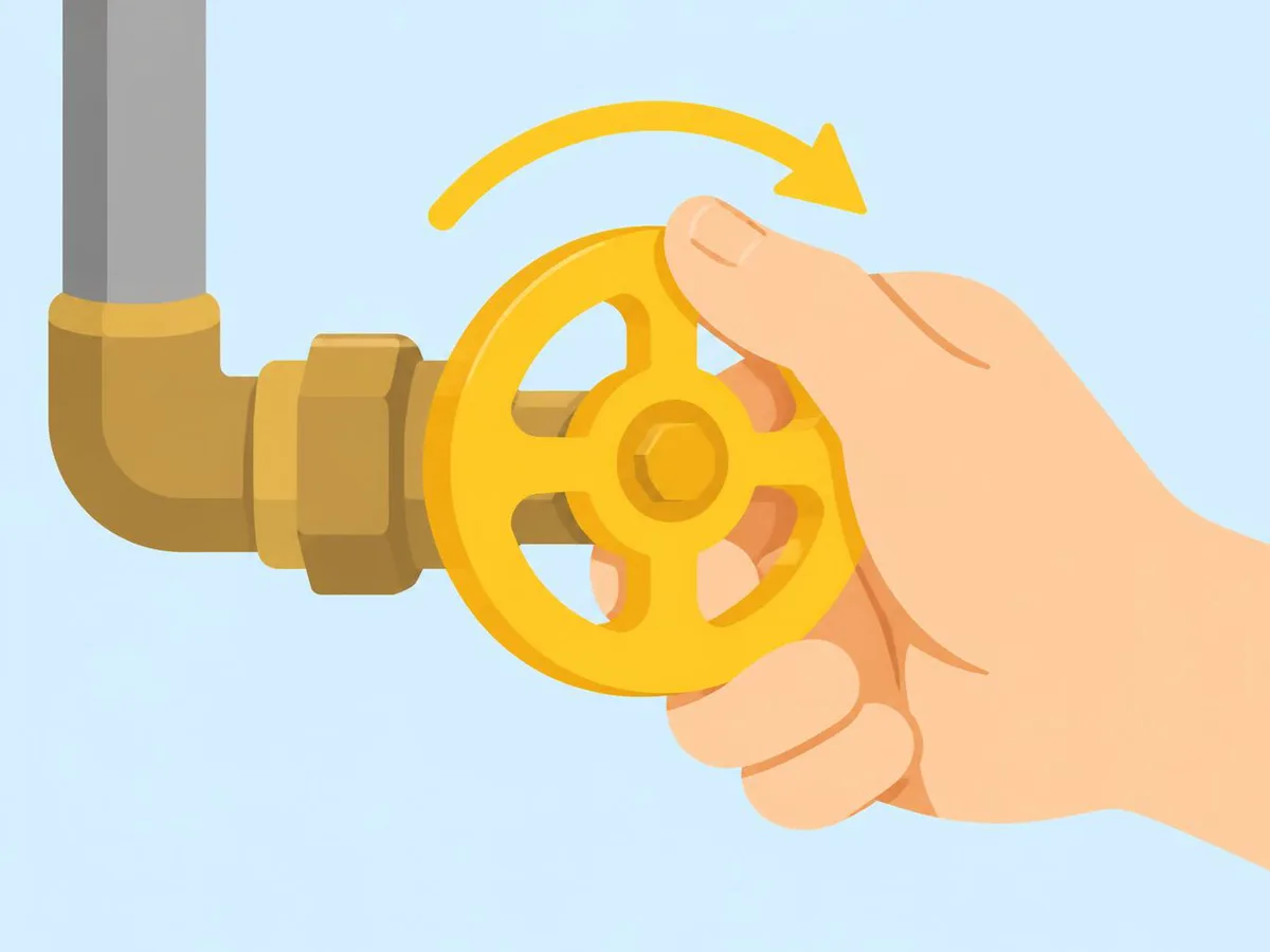 Illustration of a hand turning a round valve wheel clockwise, with a curved arrow