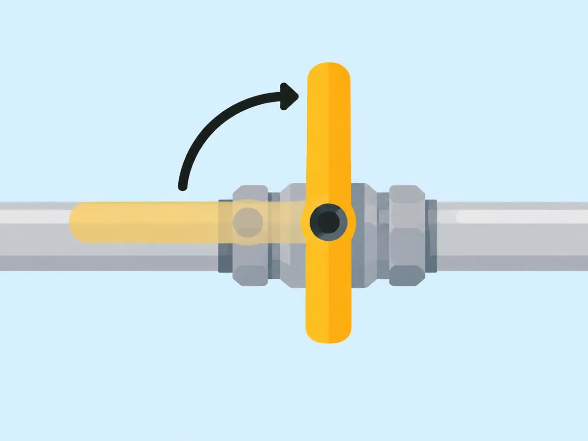 Illustration of a lever valve: the lever shown faintly along the pipe, then turned a quarter turn to sit across it