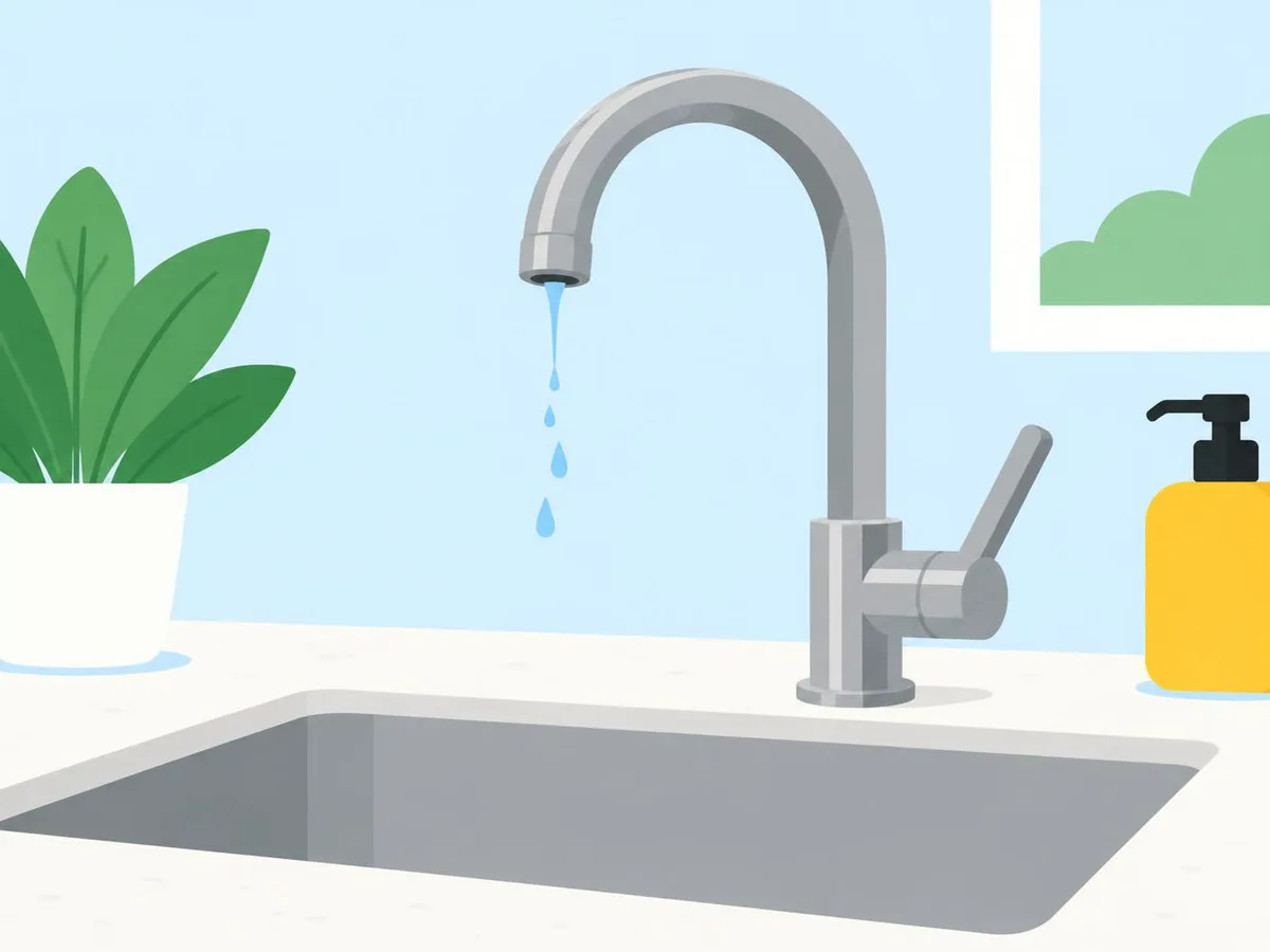 Illustration of a kitchen tap with only a few last drops of water