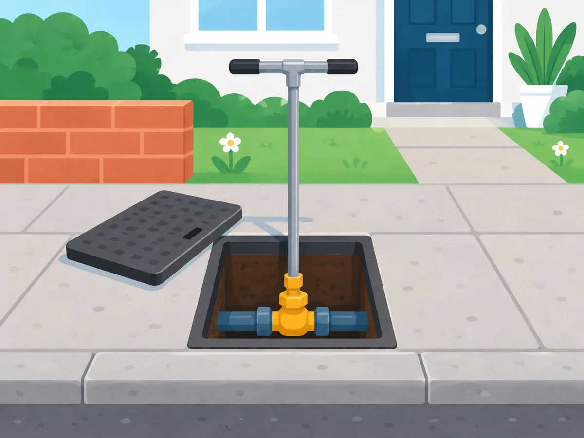 Illustration of a small cover lifted from a front path with a long T-shaped key reaching down to a valve