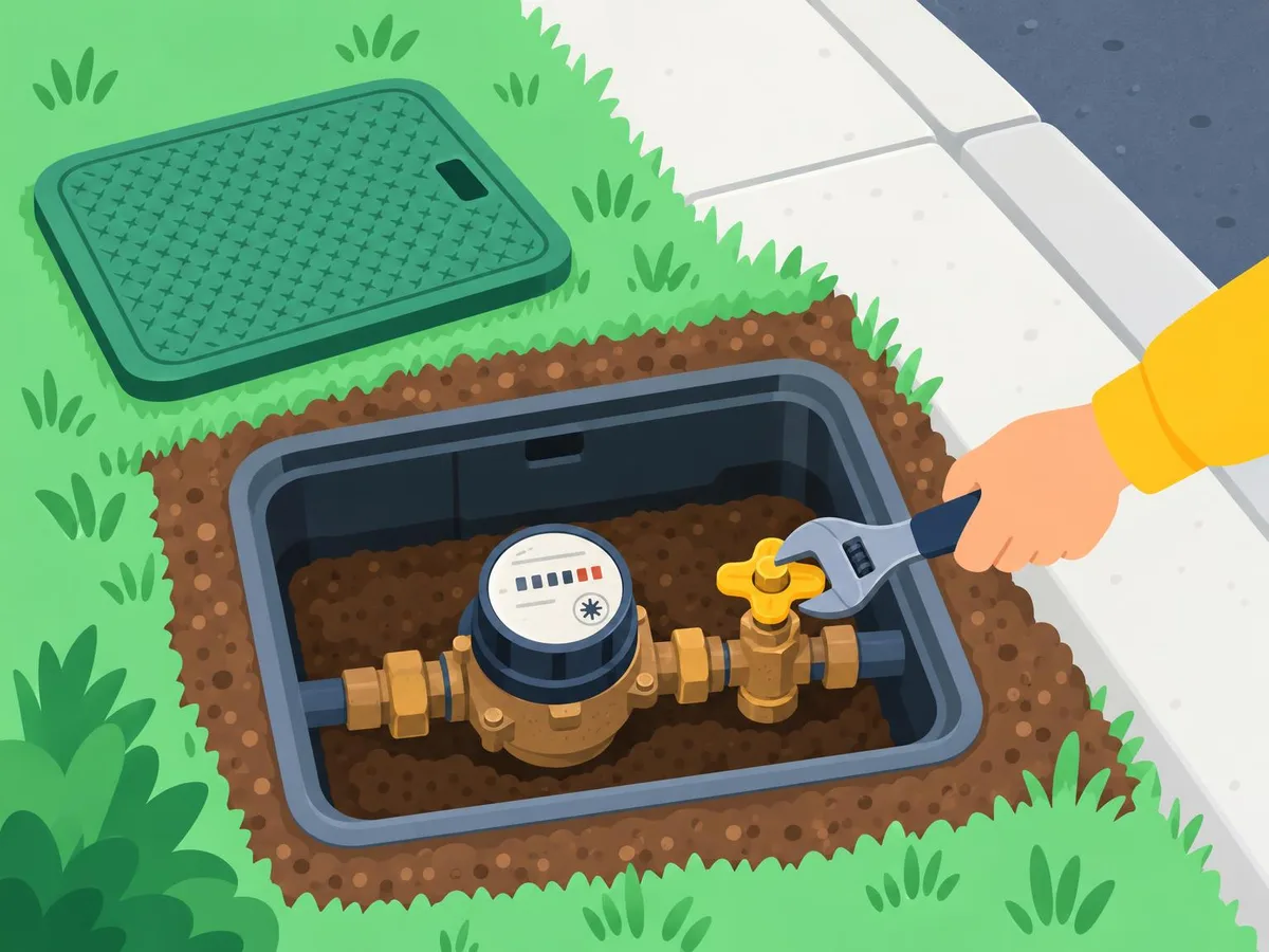 Illustration of an open meter box in the ground by a kerb, with a hand using a wrench on the valve beside the water meter