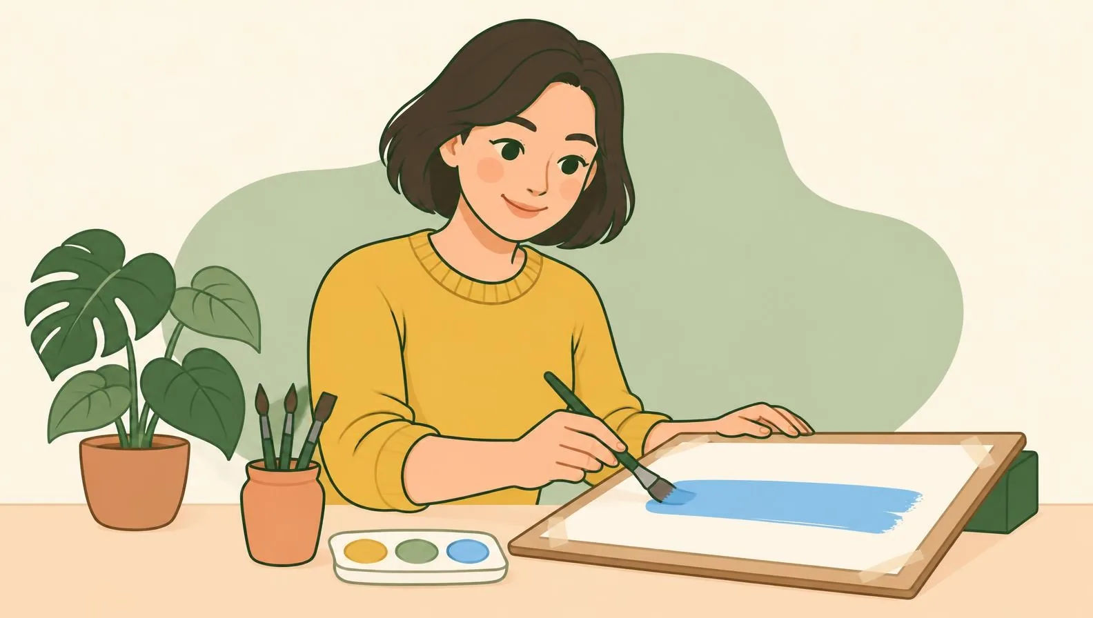 Illustration of a woman painting a broad stroke of blue across the top of a sheet of watercolour paper taped to a slightly tilted board